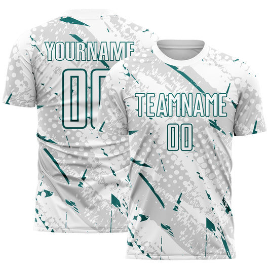 Custom White Teal-Gray Brush Stroke Slashes And Dot Grid Sublimation Soccer Uniform Jersey - Main View