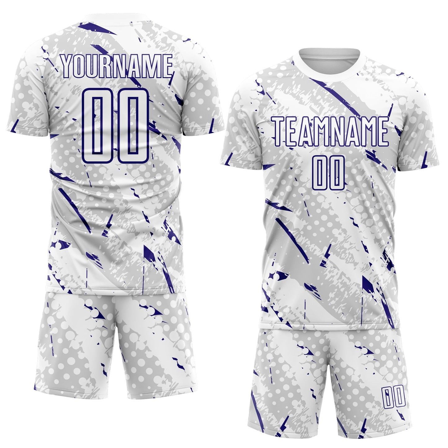 Custom White Dark Purple-Gray Brush Stroke Slashes And Dot Grid Sublimation Soccer Uniform Jersey view 2