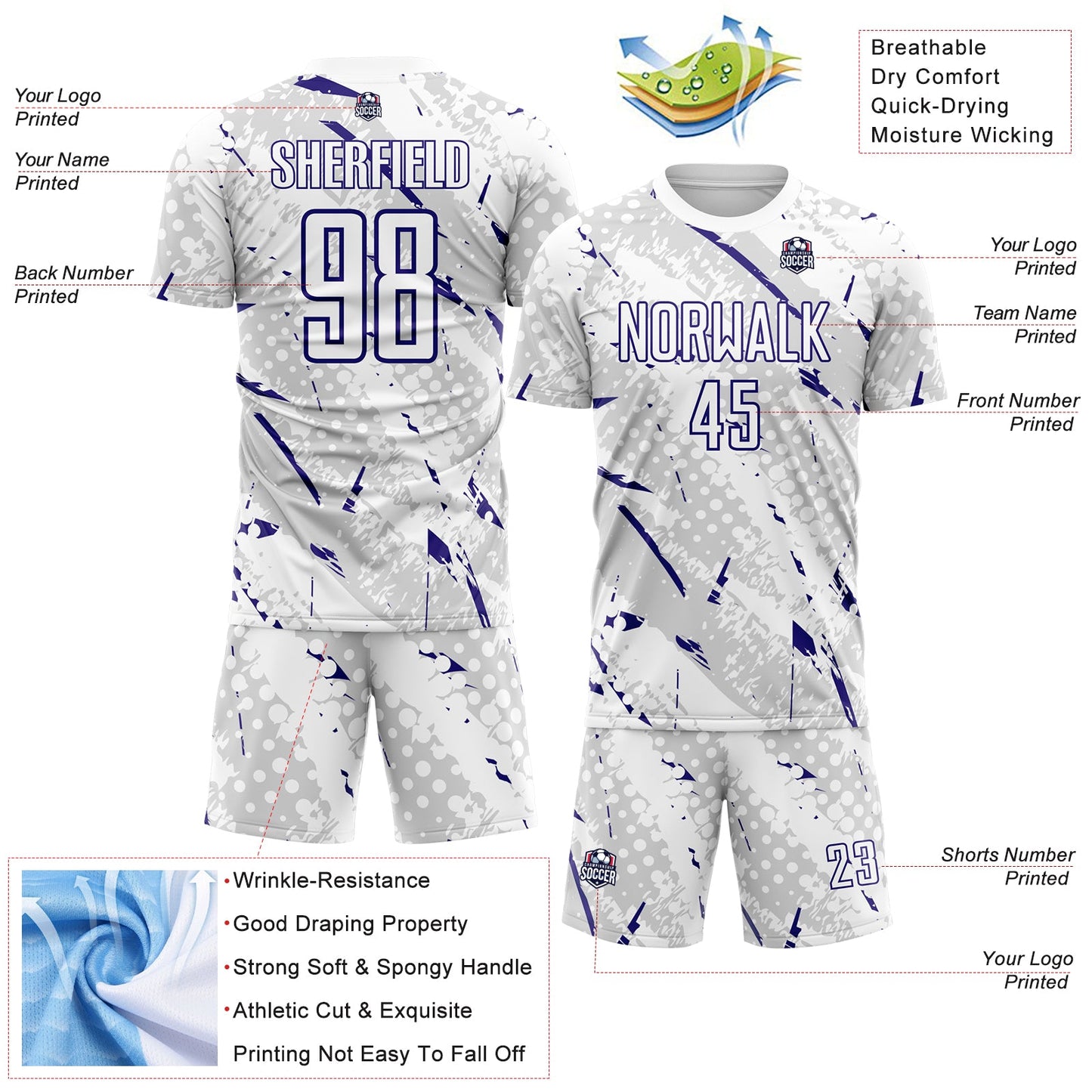 Custom White Dark Purple-Gray Brush Stroke Slashes And Dot Grid Sublimation Soccer Uniform Jersey view 4