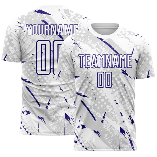 Custom White Dark Purple-Gray Brush Stroke Slashes And Dot Grid Sublimation Soccer Uniform Jersey - Main View