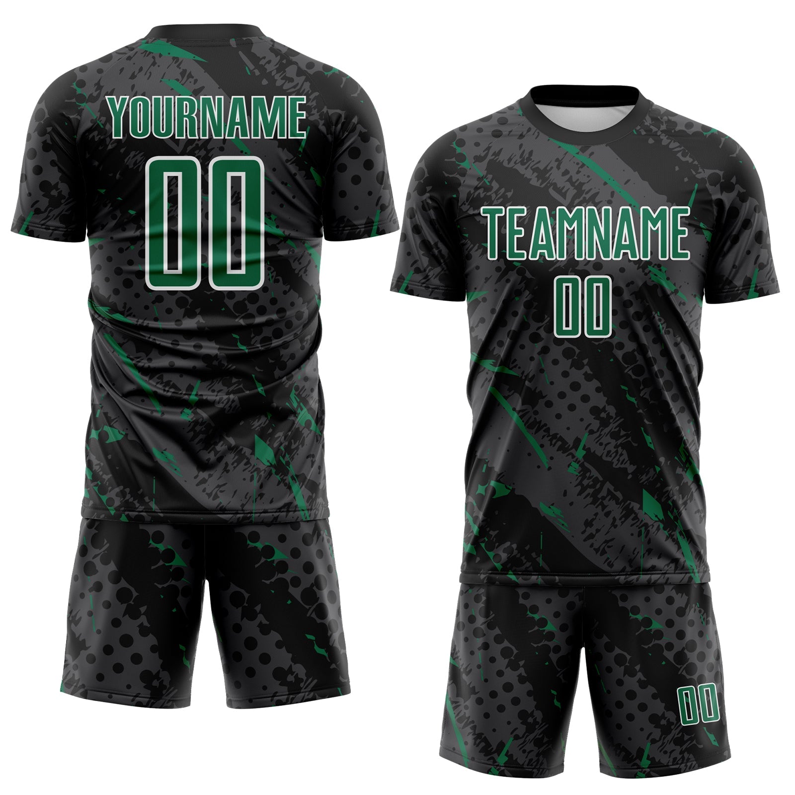 Custom Black Kelly Green Gray-White Brush Stroke Slashes And Dot Grid Sublimation Soccer Uniform Jersey view 2