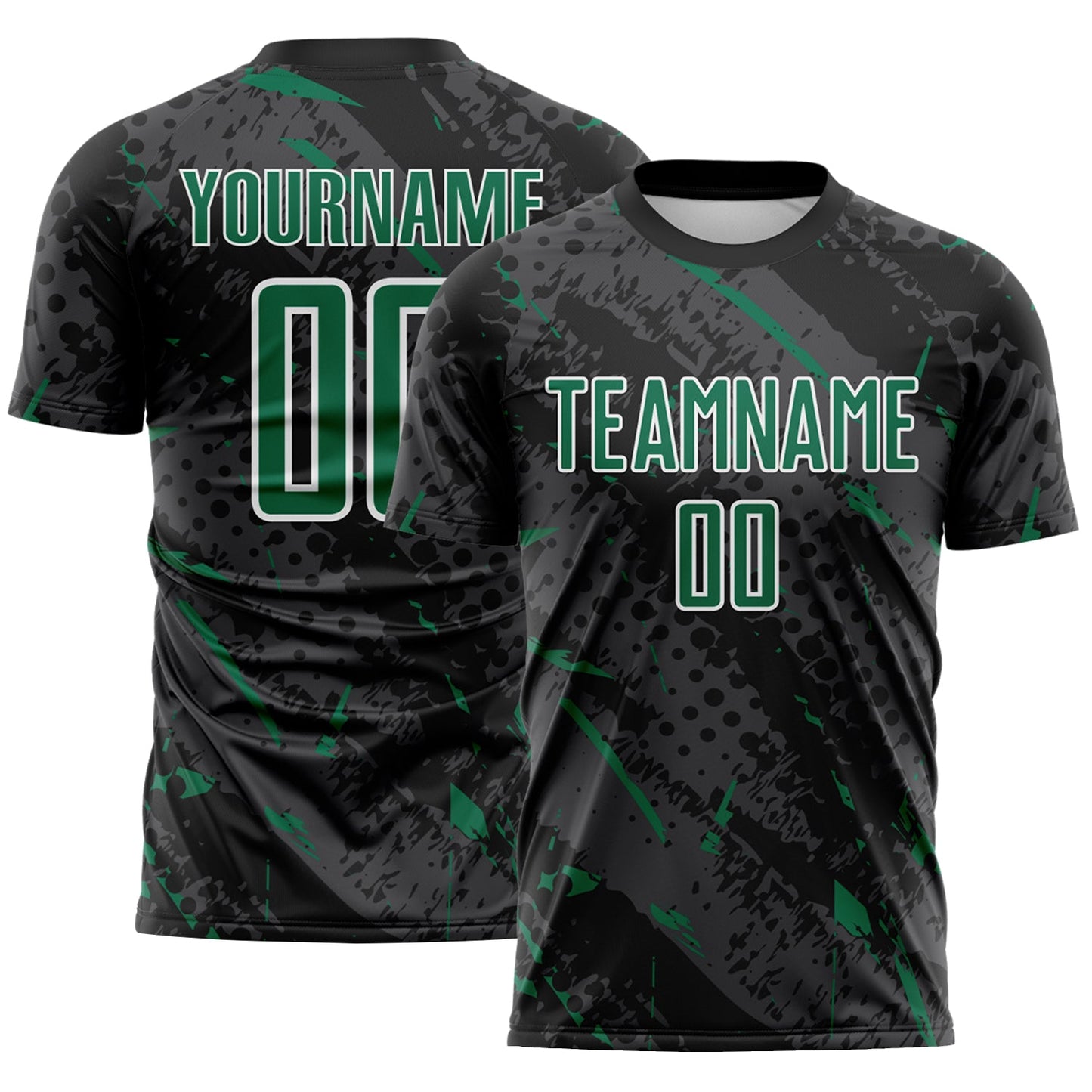Custom Black Kelly Green Gray-White Brush Stroke Slashes And Dot Grid Sublimation Soccer Uniform Jersey - Main View