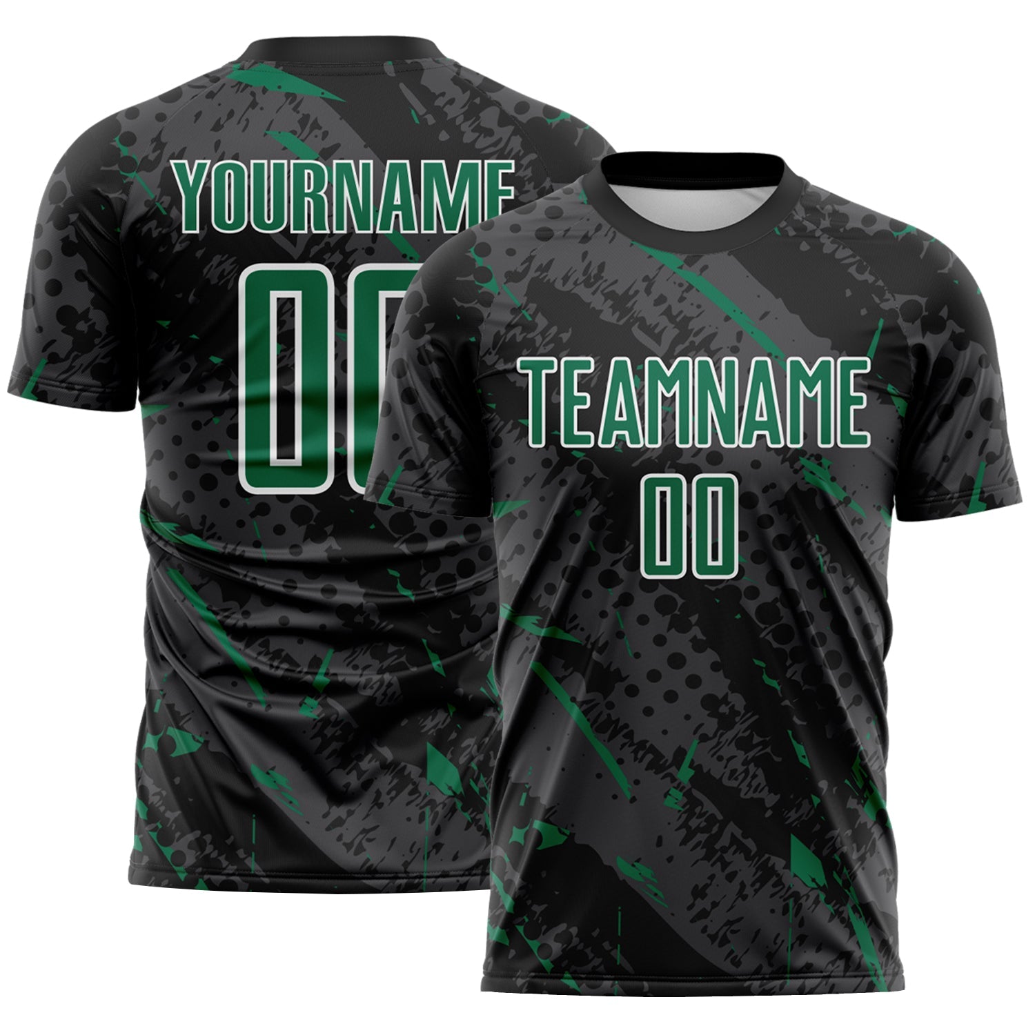 Custom Black Kelly Green Gray-White Brush Stroke Slashes And Dot Grid Sublimation Soccer Uniform Jersey - Main View