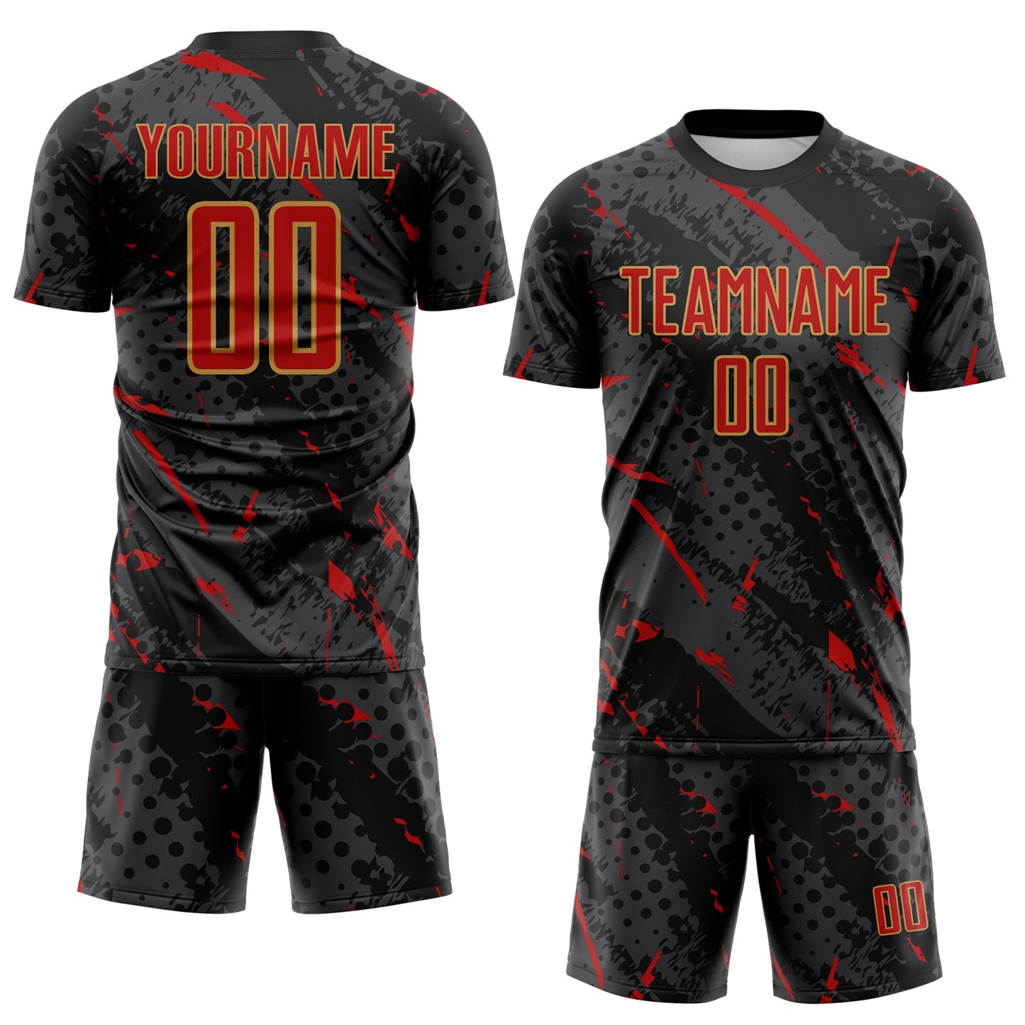 Custom Black Red Gray-Old Gold Brush Stroke Slashes And Dot Grid Sublimation Soccer Uniform Jersey view 2