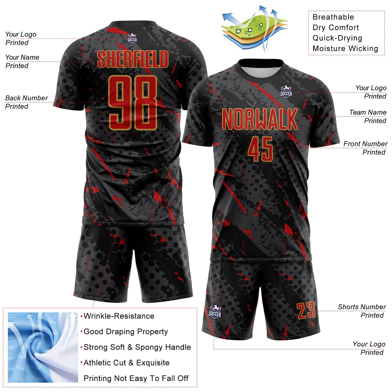 Custom Black Red Gray-Old Gold Brush Stroke Slashes And Dot Grid Sublimation Soccer Uniform Jersey view 4