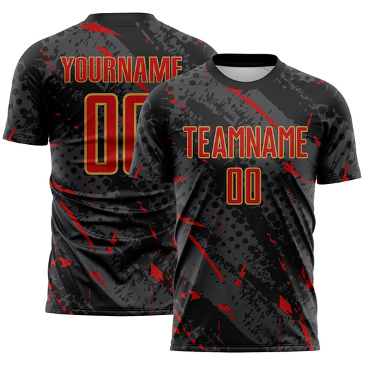 Custom Black Red Gray-Old Gold Brush Stroke Slashes And Dot Grid Sublimation Soccer Uniform Jersey - Main View