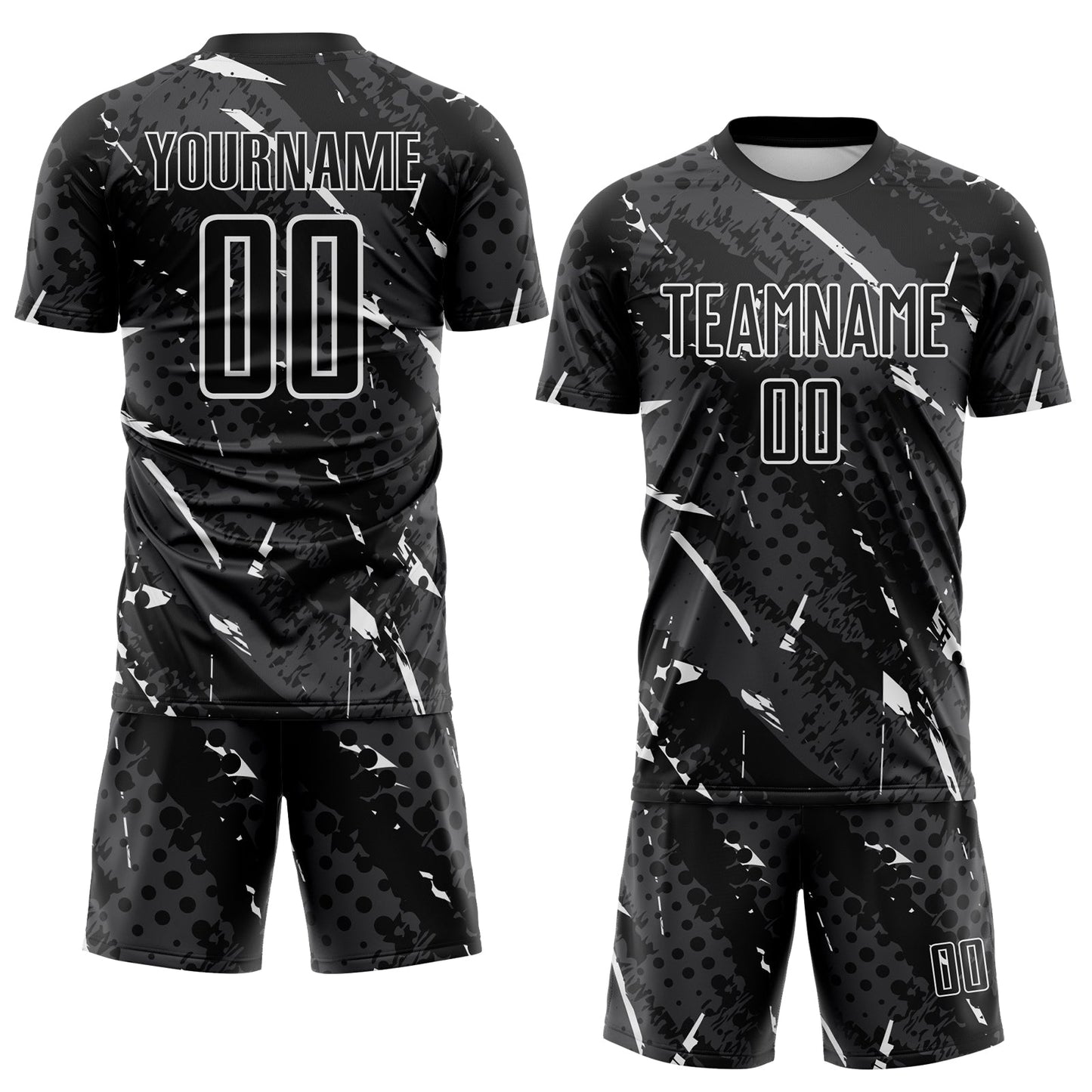 Custom Black White-Gray Brush Stroke Slashes And Dot Grid Sublimation Soccer Uniform Jersey view 2