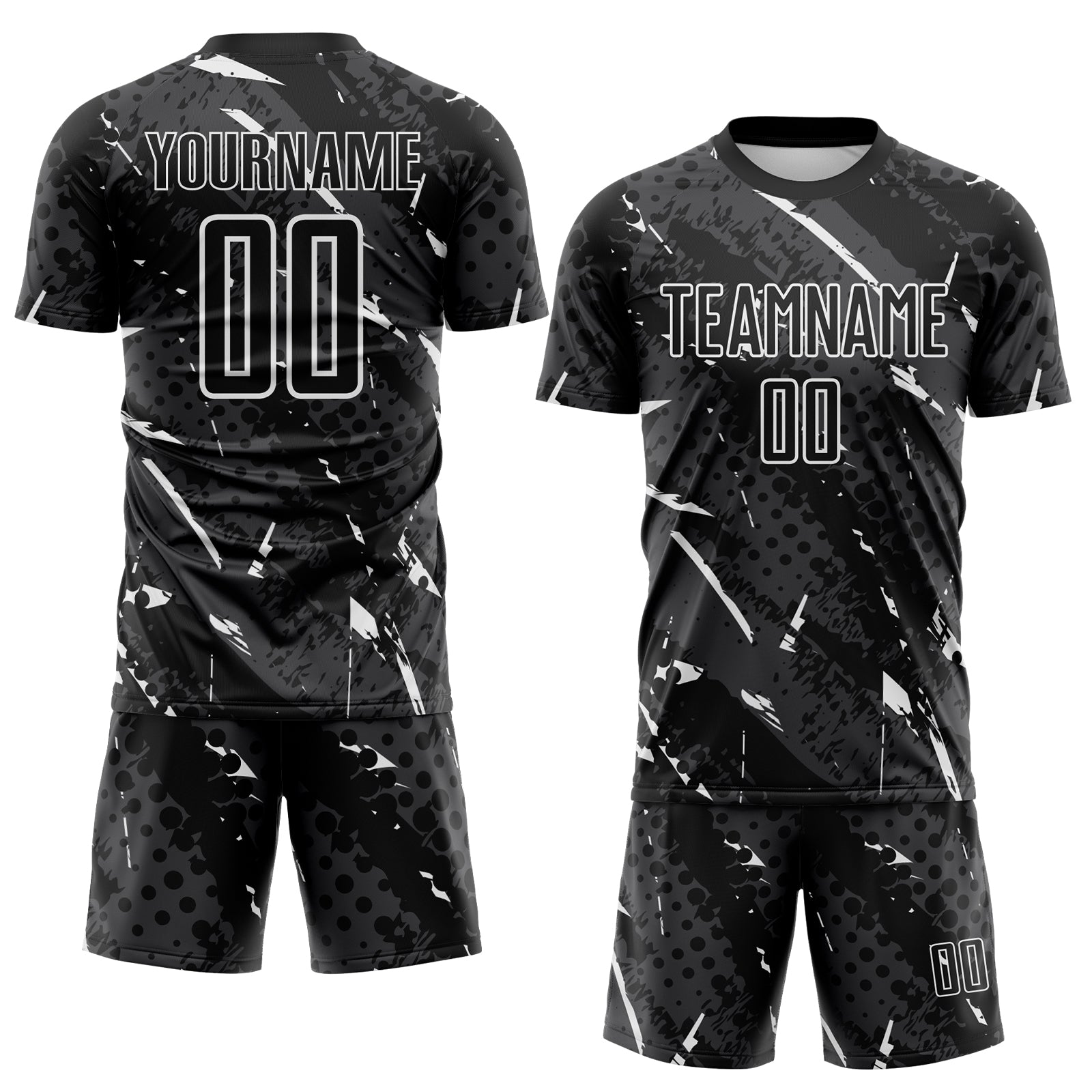 Custom Black White-Gray Brush Stroke Slashes And Dot Grid Sublimation Soccer Uniform Jersey view 2