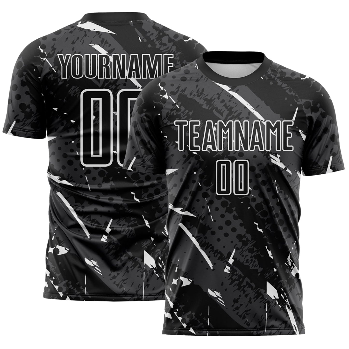 Custom Black White-Gray Brush Stroke Slashes And Dot Grid Sublimation Soccer Uniform Jersey - Main View