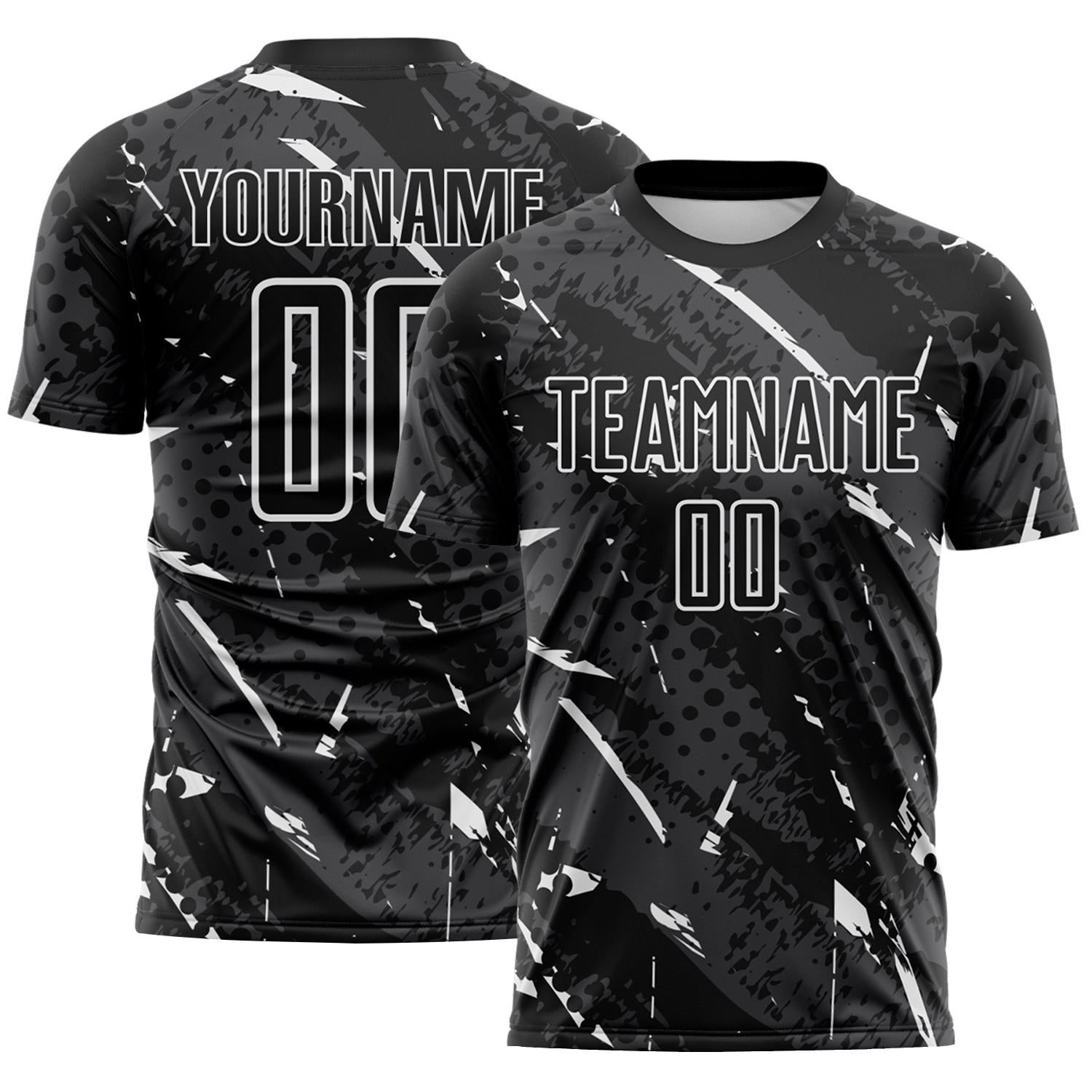 Custom Black White-Gray Brush Stroke Slashes And Dot Grid Sublimation Soccer Uniform Jersey - Main View