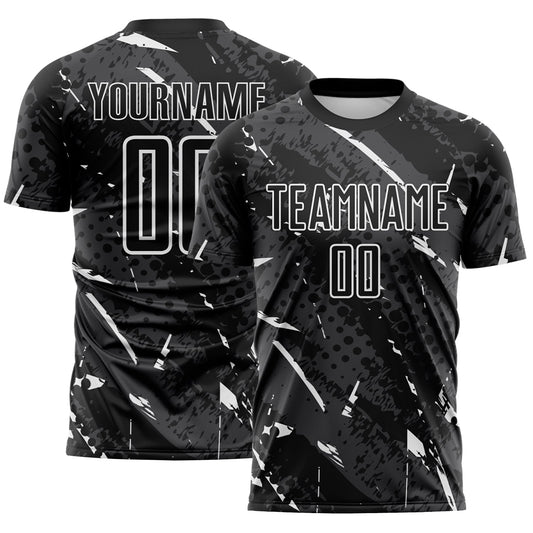 Custom Black White-Gray Brush Stroke Slashes And Dot Grid Sublimation Soccer Uniform Jersey - Main View