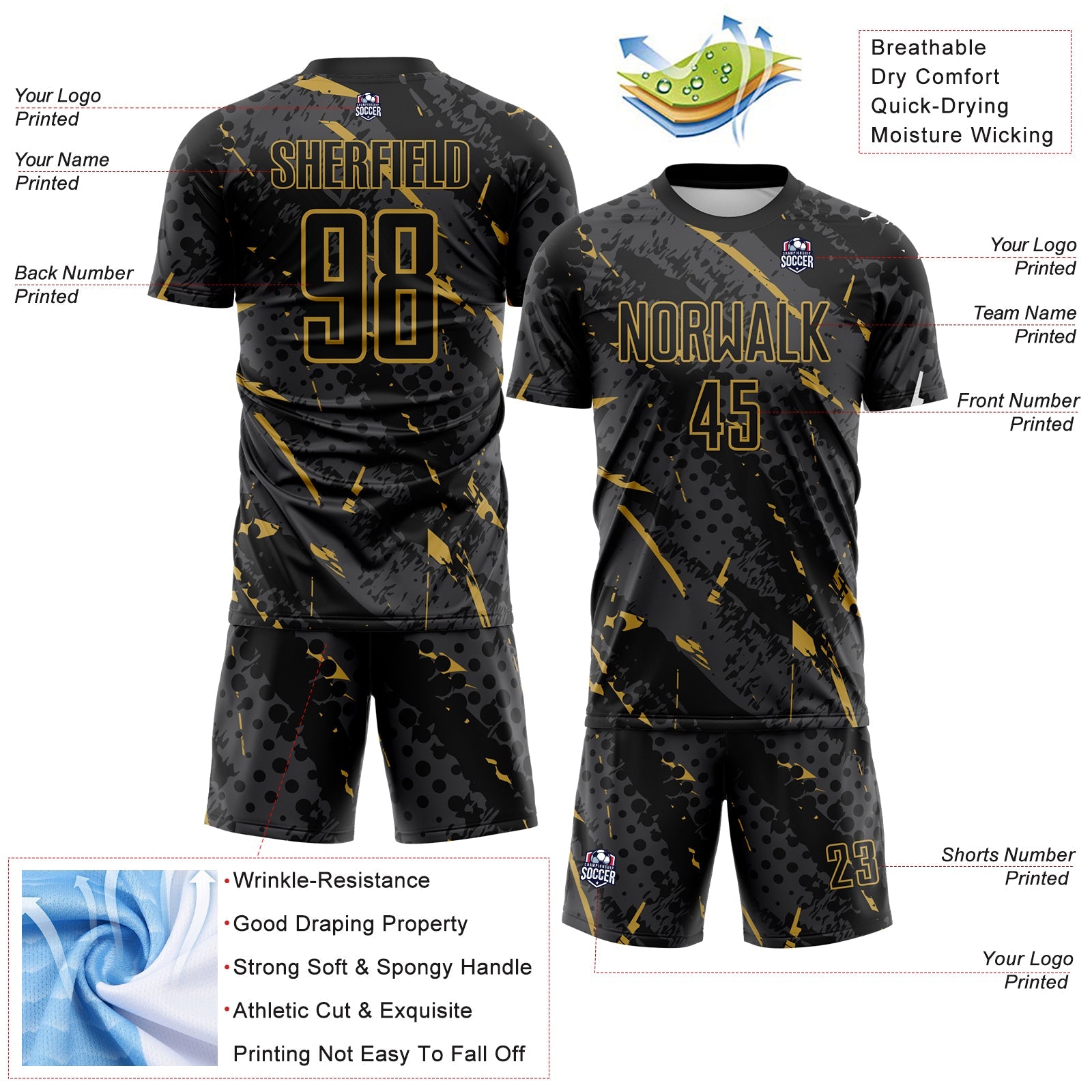 Custom Black Old Gold-Gray Brush Stroke Slashes And Dot Grid Sublimation Soccer Uniform Jersey view 4