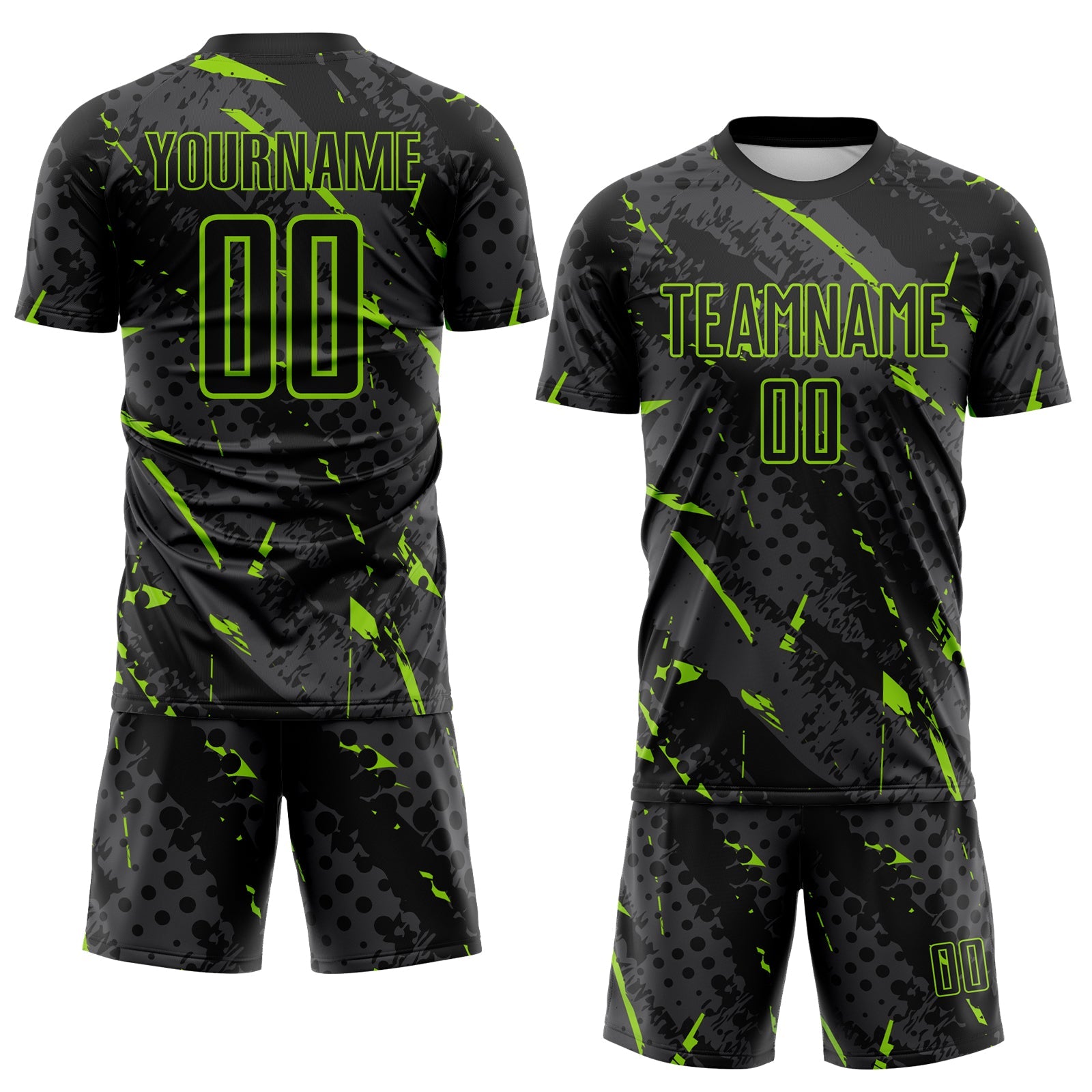 Custom Black Neon Green-Gray Brush Stroke Slashes And Dot Grid Sublimation Soccer Uniform Jersey view 2