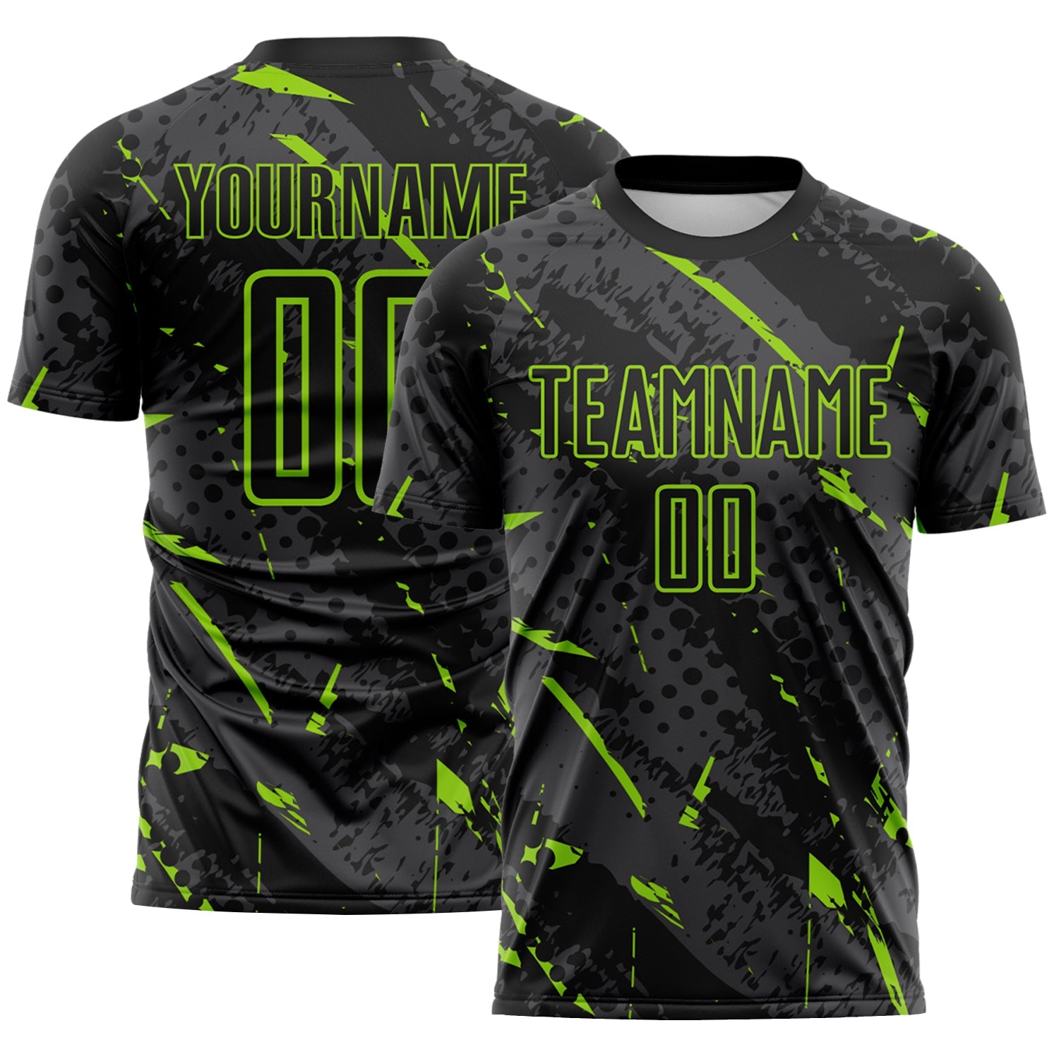 Custom Black Neon Green-Gray Brush Stroke Slashes And Dot Grid Sublimation Soccer Uniform Jersey - Main View