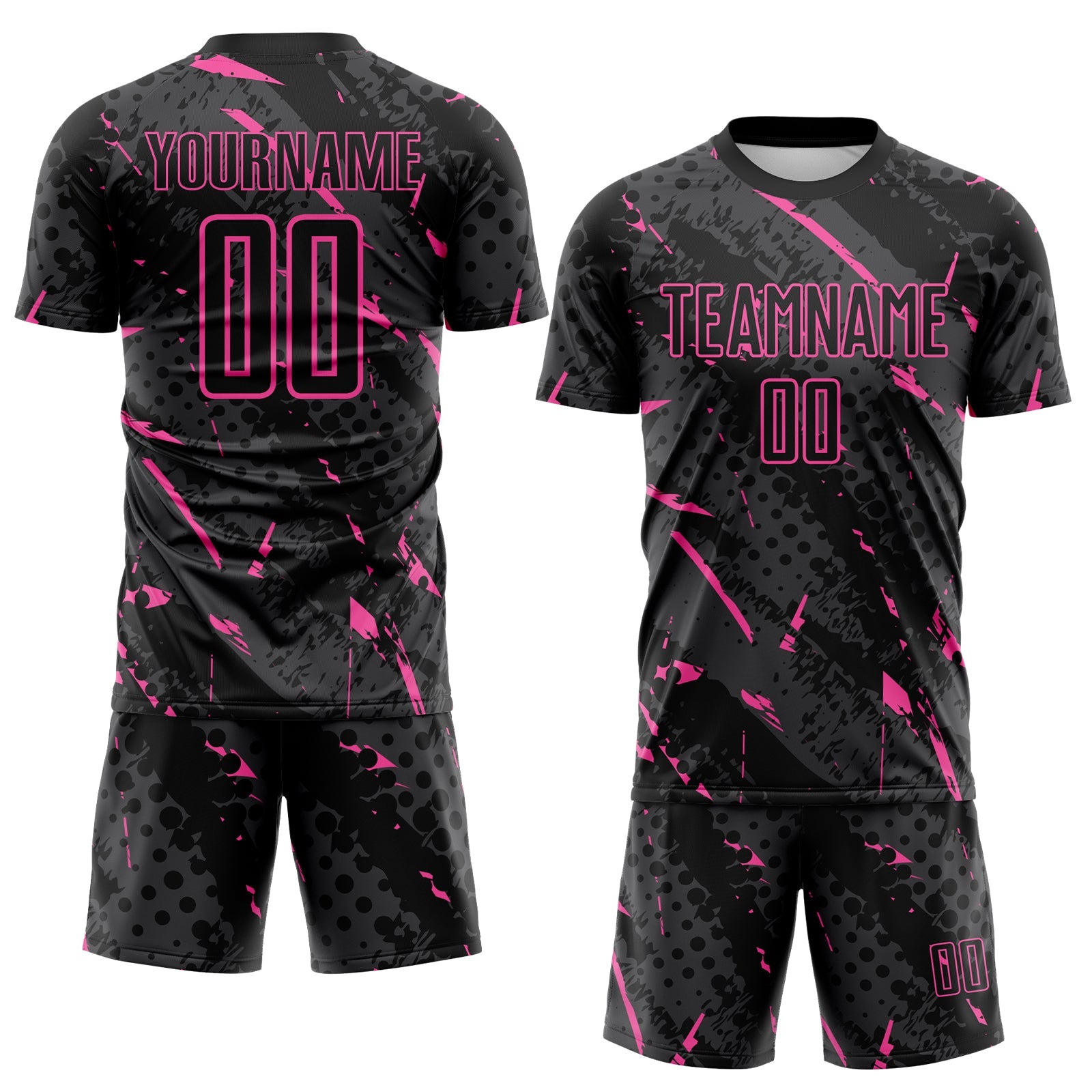 Custom Black Pink-Gray Brush Stroke Slashes And Dot Grid Sublimation Soccer Uniform Jersey view 2