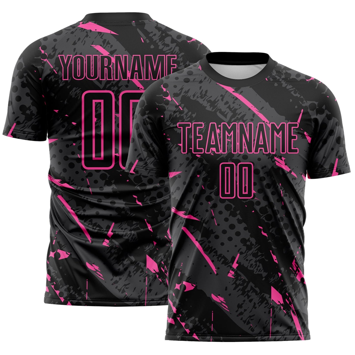 Custom Black Pink-Gray Brush Stroke Slashes And Dot Grid Sublimation Soccer Uniform Jersey - Main View