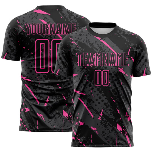 Custom Black Pink-Gray Brush Stroke Slashes And Dot Grid Sublimation Soccer Uniform Jersey - Main View