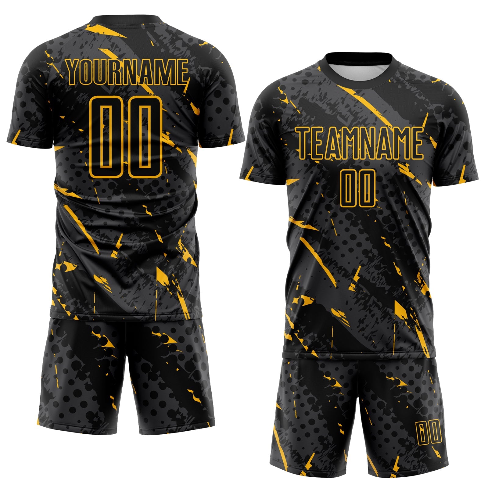 Custom Black Gold-Gray Brush Stroke Slashes And Dot Grid Sublimation Soccer Uniform Jersey view 2