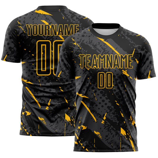 Custom Black Gold-Gray Brush Stroke Slashes And Dot Grid Sublimation Soccer Uniform Jersey - Main View