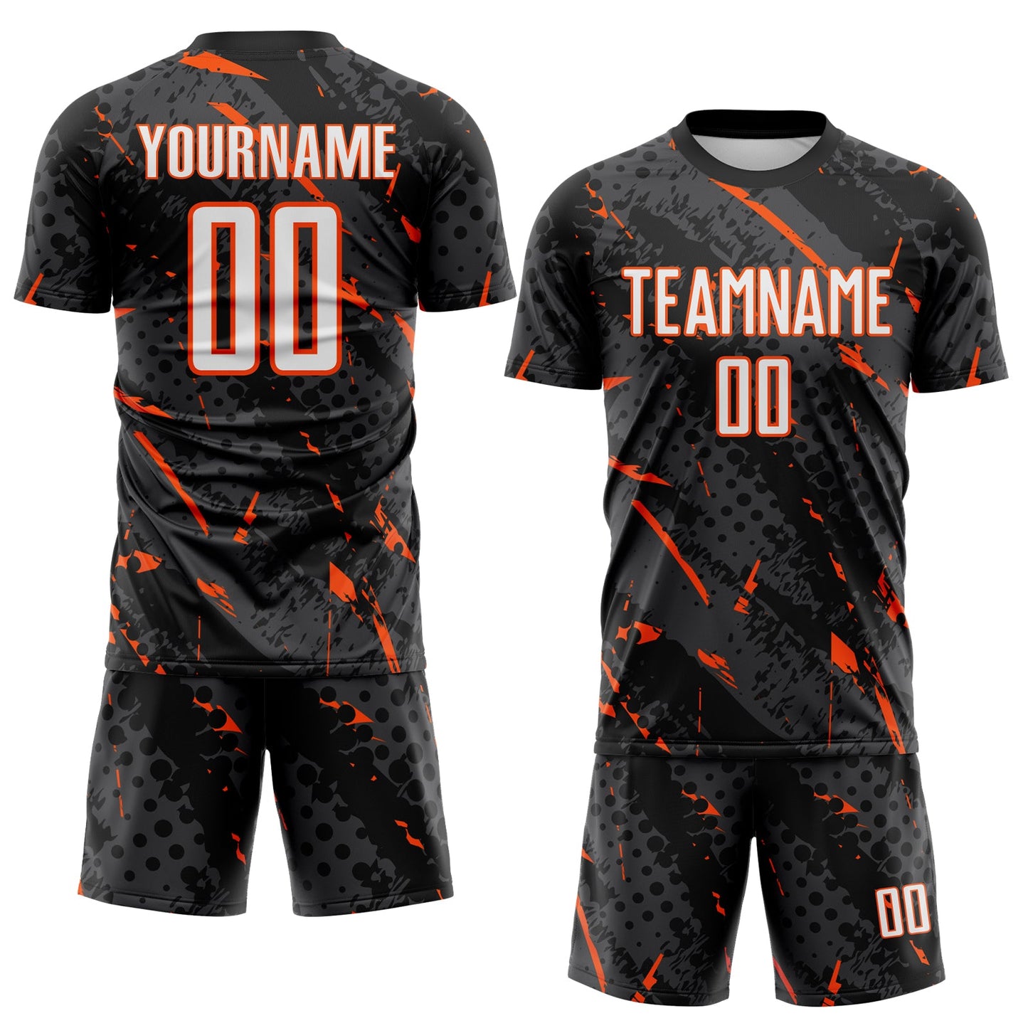 Custom Black White Orange-Gray Brush Stroke Slashes And Dot Grid Sublimation Soccer Uniform Jersey view 2