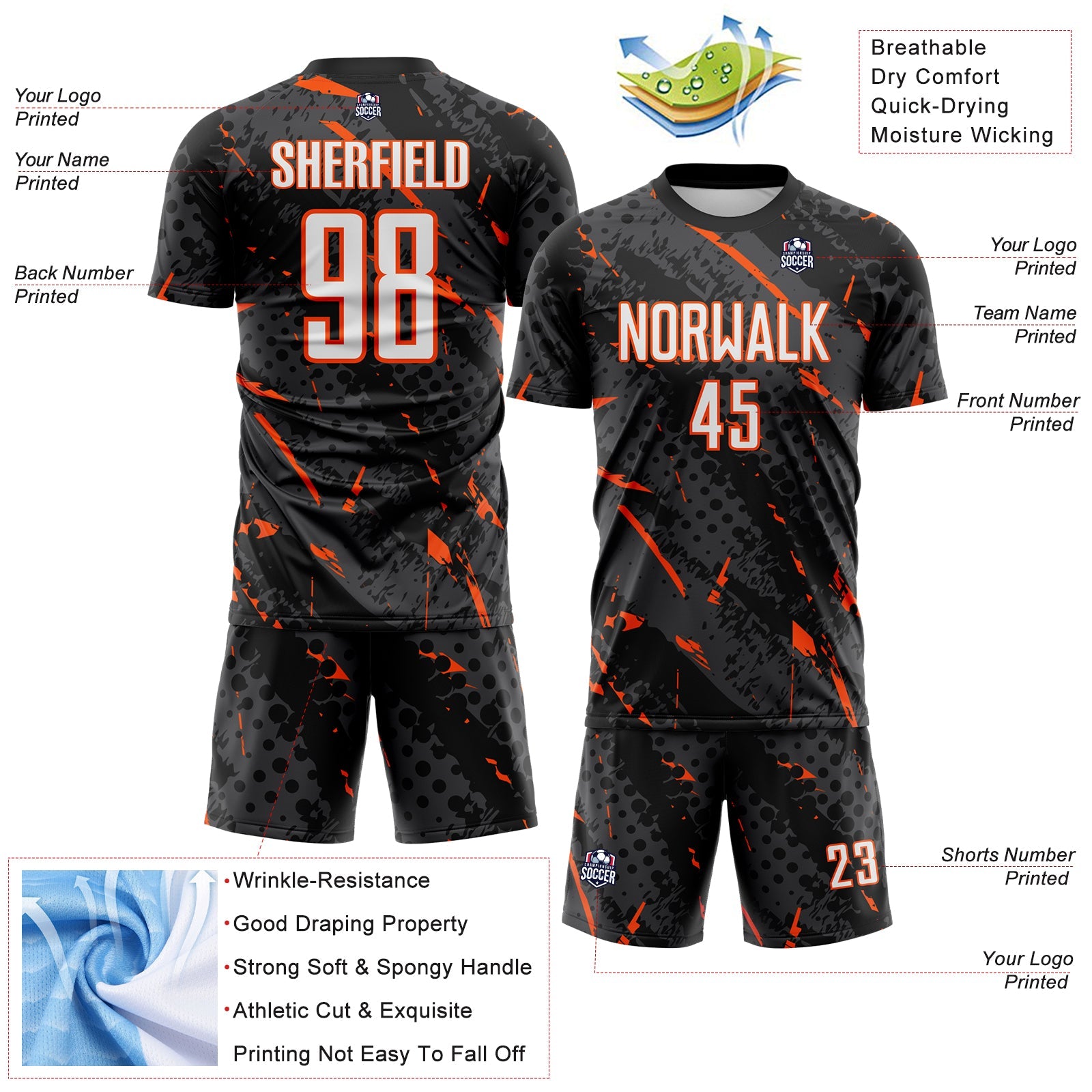 Custom Black White Orange-Gray Brush Stroke Slashes And Dot Grid Sublimation Soccer Uniform Jersey view 4