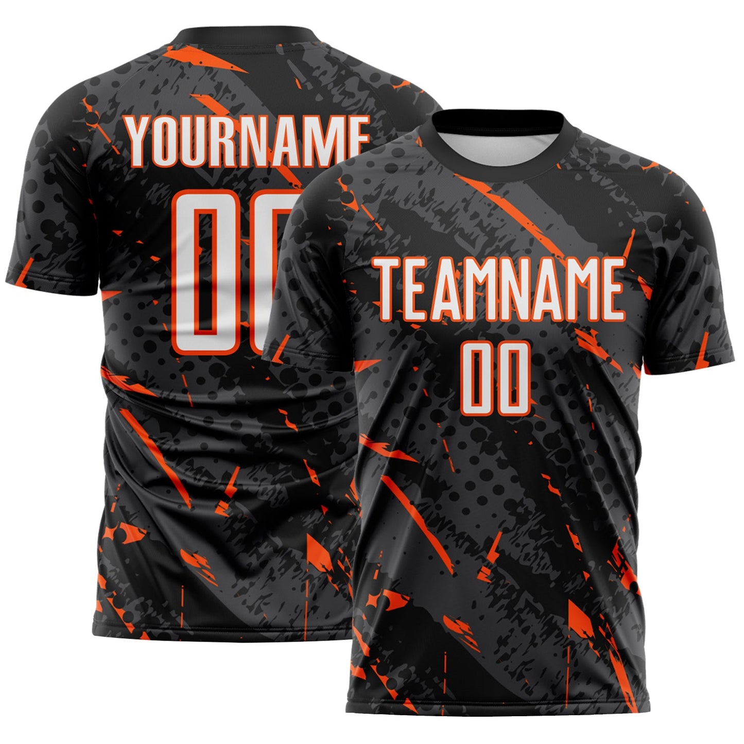 Custom Black White Orange-Gray Brush Stroke Slashes And Dot Grid Sublimation Soccer Uniform Jersey - Main View