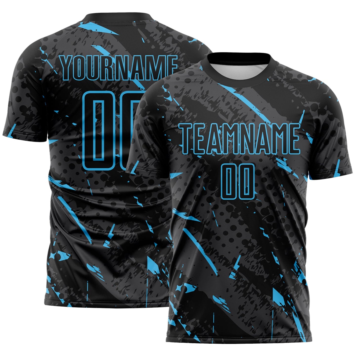 Custom Black Sky Blue-Gray Brush Stroke Slashes And Dot Grid Sublimation Soccer Uniform Jersey - Main View