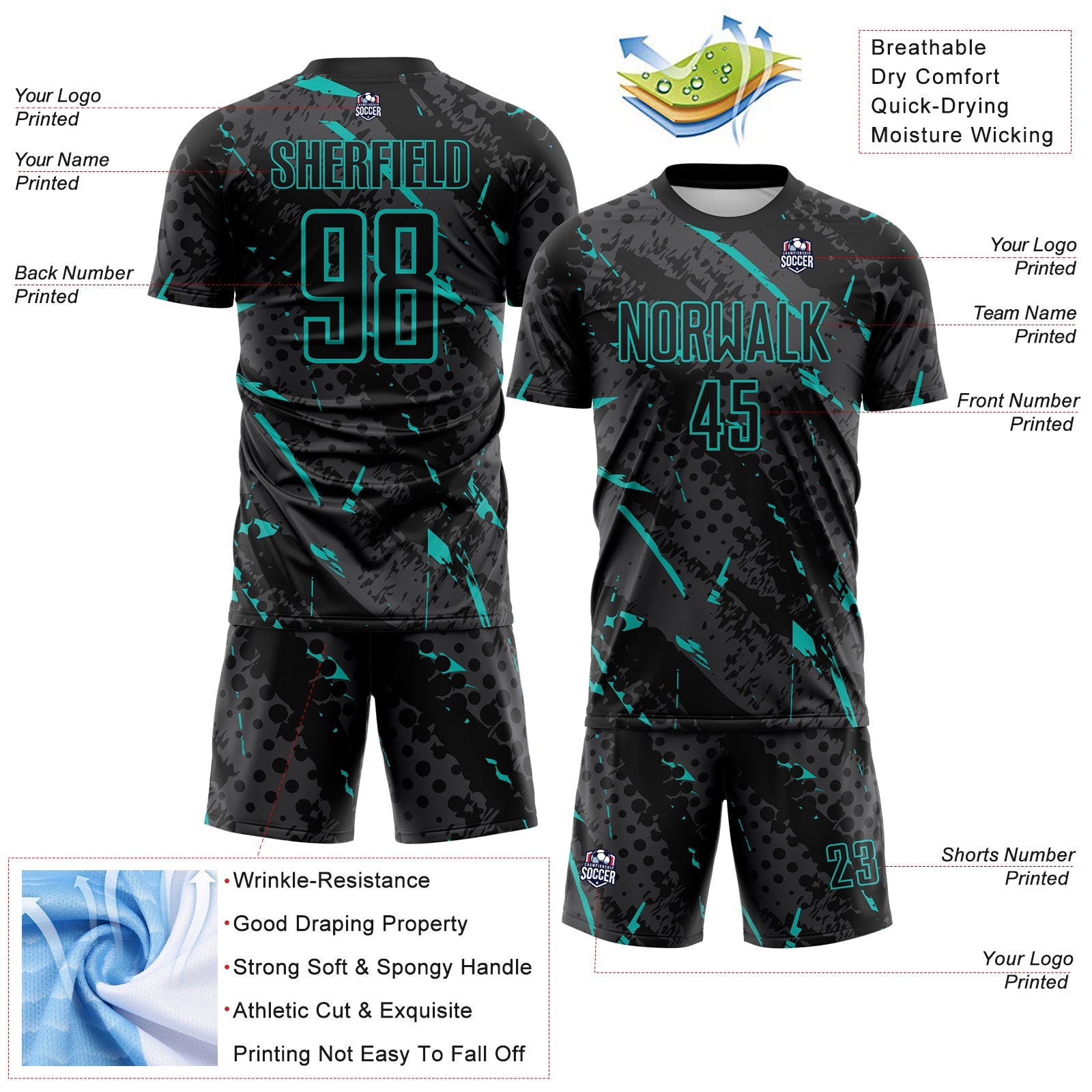 Custom Black Aqua-Gray Brush Stroke Slashes And Dot Grid Sublimation Soccer Uniform Jersey view 4