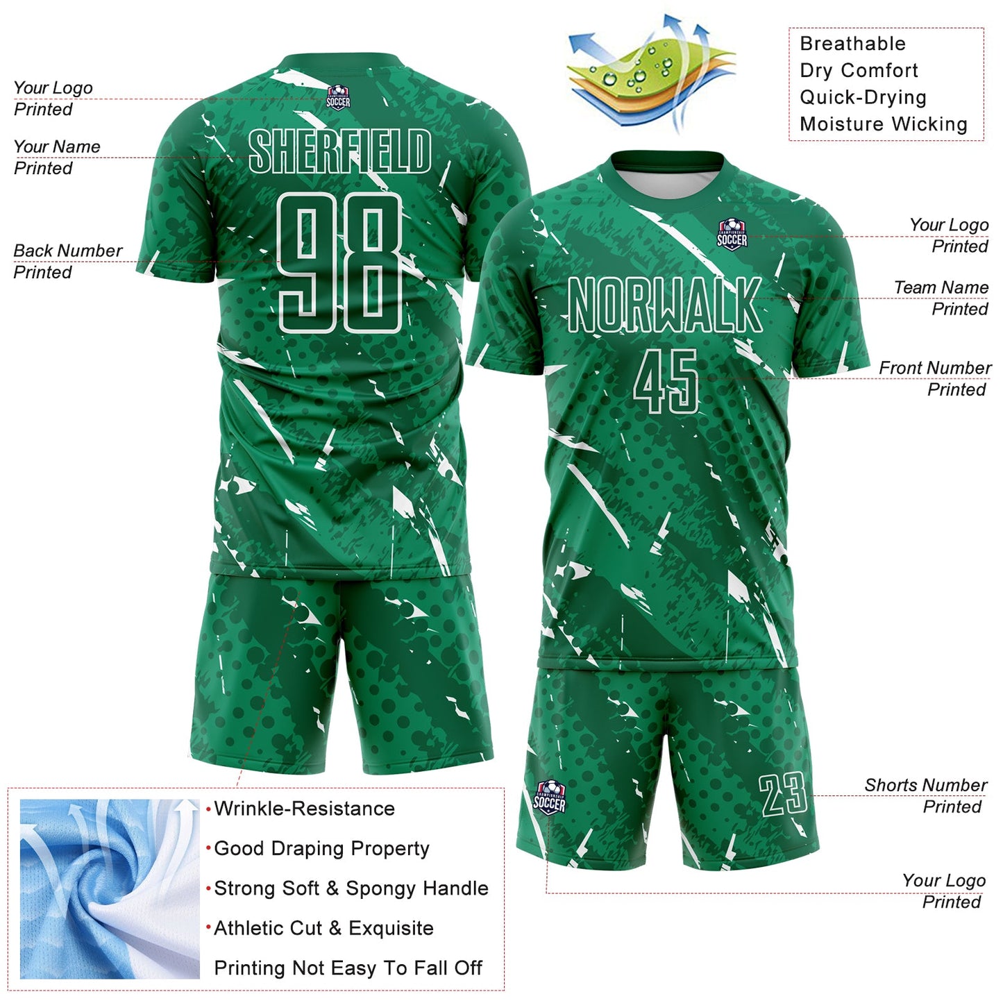 Custom Kelly Green-White Brush Stroke Slashes And Dot Grid Sublimation Soccer Uniform Jersey view 4