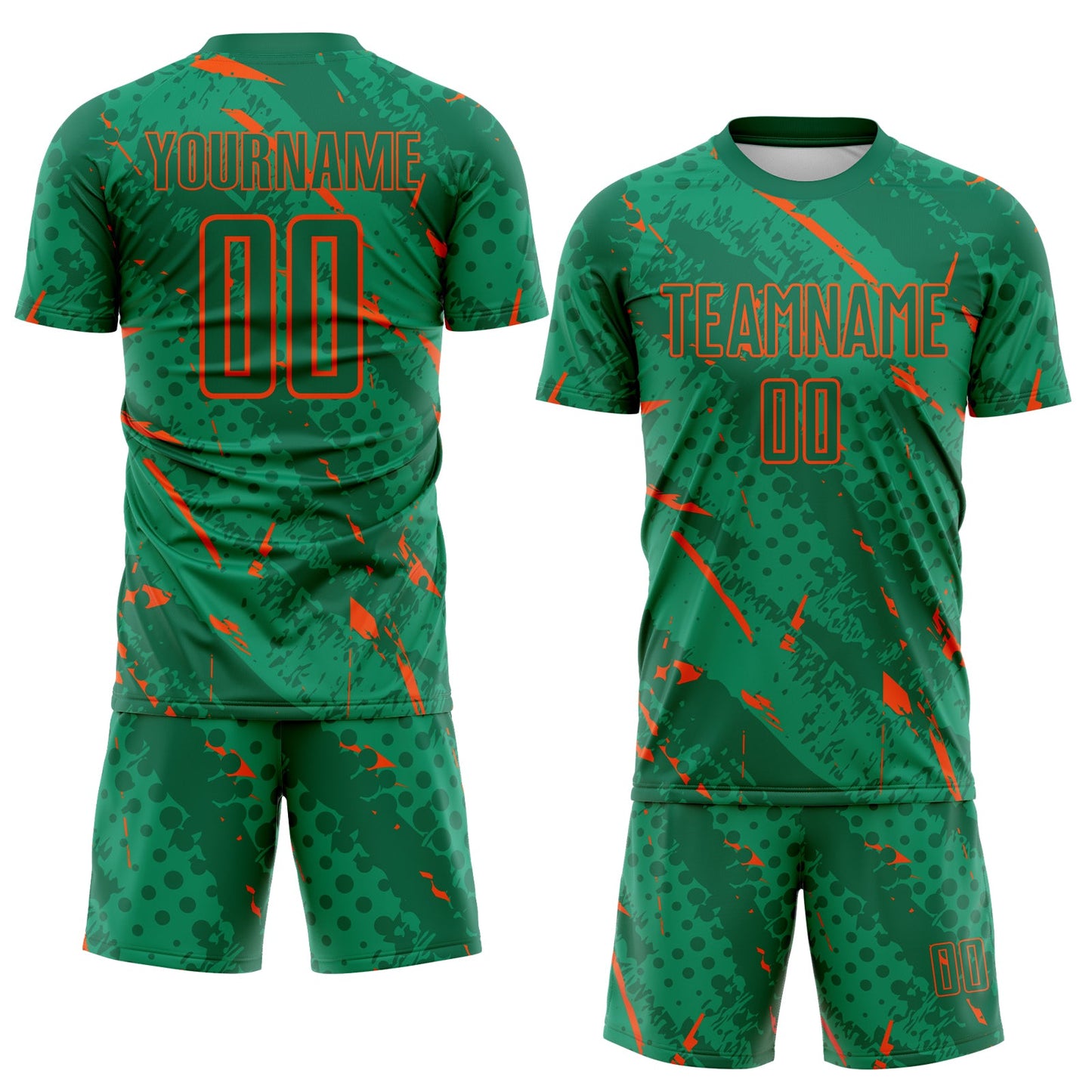 Custom Kelly Green-Orange Brush Stroke Slashes And Dot Grid Sublimation Soccer Uniform Jersey view 2
