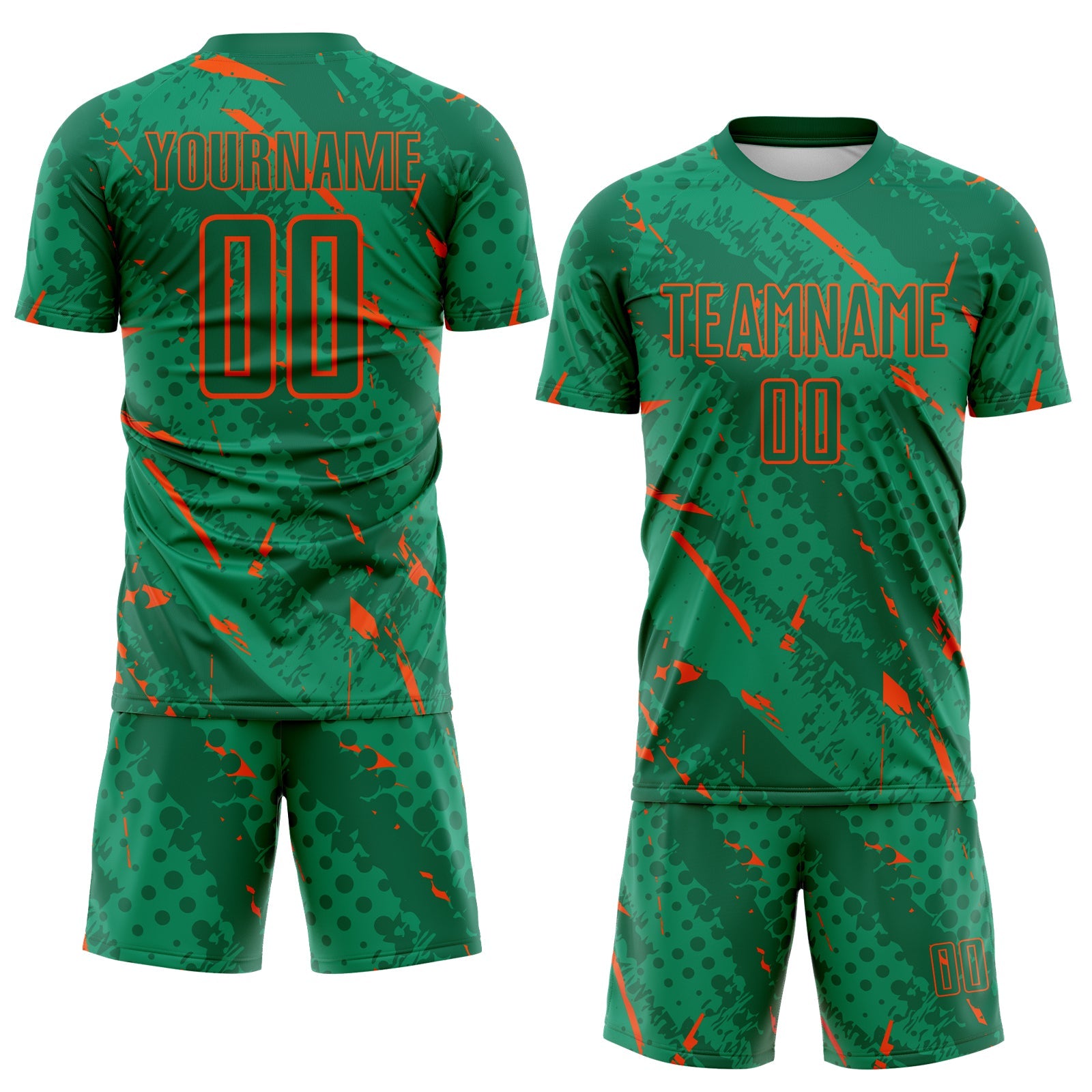 Custom Kelly Green-Orange Brush Stroke Slashes And Dot Grid Sublimation Soccer Uniform Jersey view 2