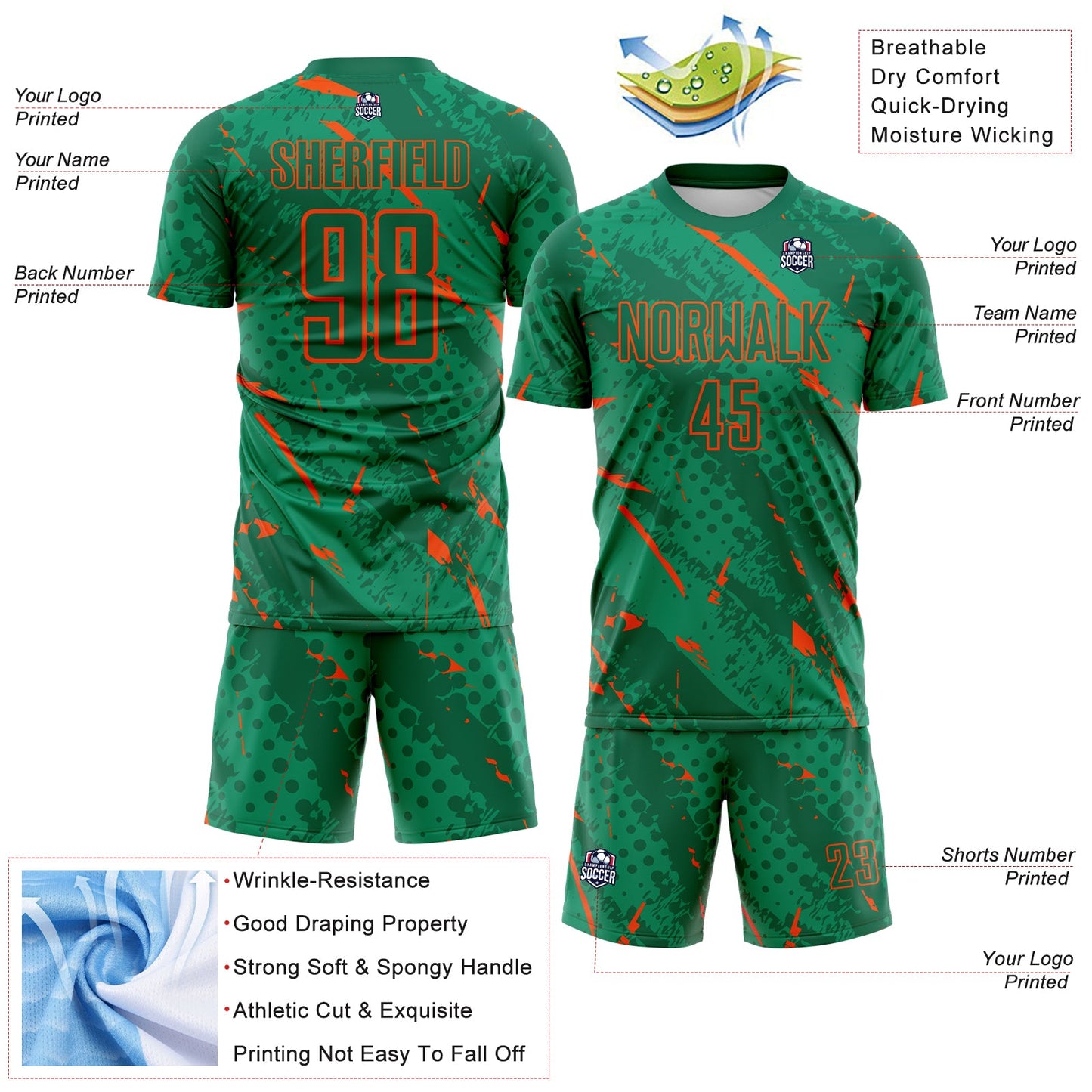 Custom Kelly Green-Orange Brush Stroke Slashes And Dot Grid Sublimation Soccer Uniform Jersey view 4