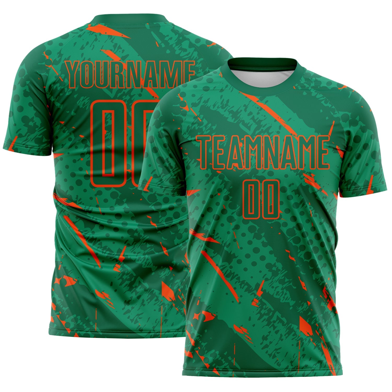Custom Kelly Green-Orange Brush Stroke Slashes And Dot Grid Sublimation Soccer Uniform Jersey - Main View
