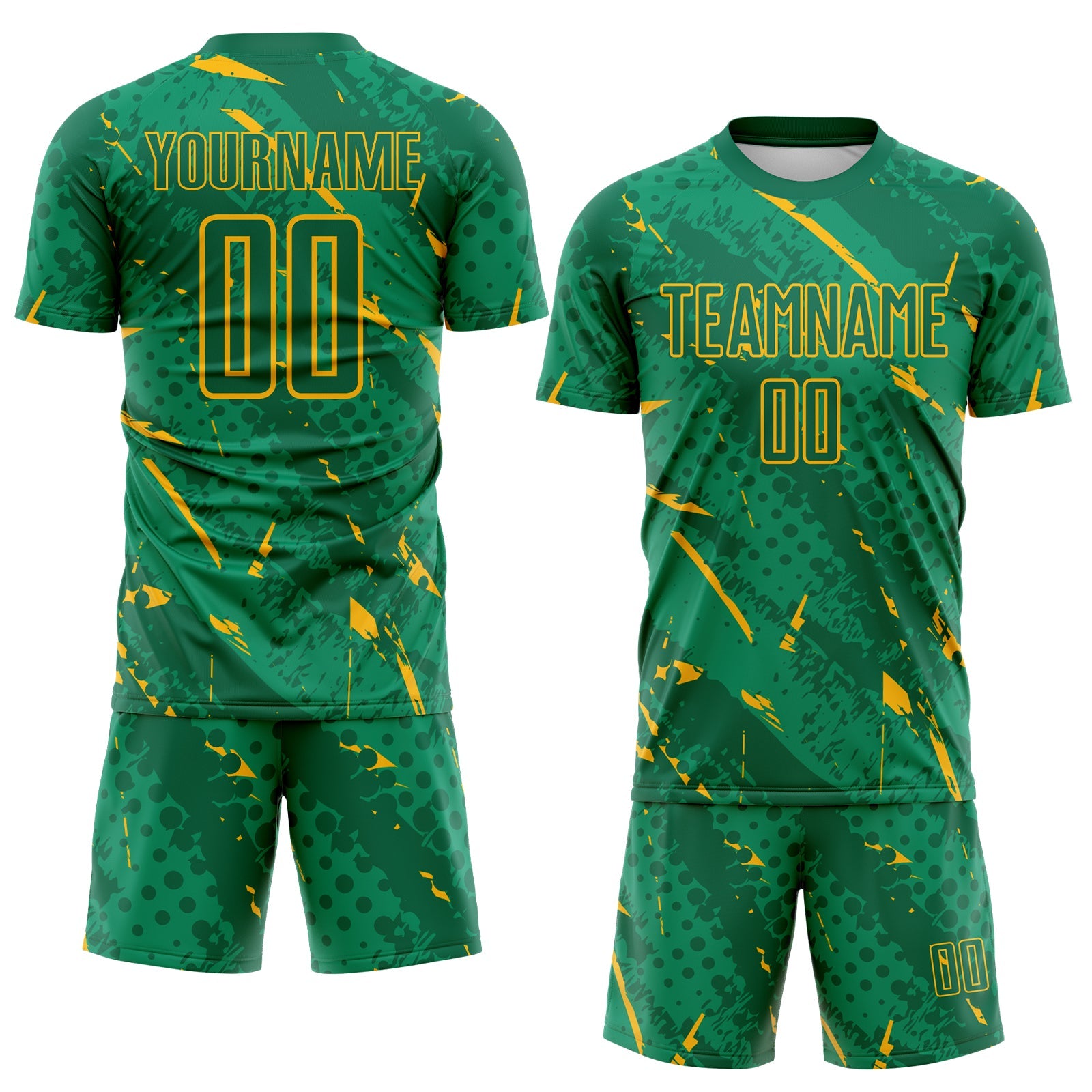Custom Kelly Green-Gold Brush Stroke Slashes And Dot Grid Sublimation Soccer Uniform Jersey view 2