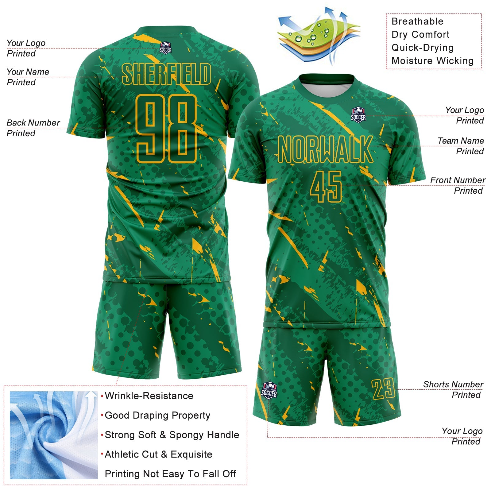 Custom Kelly Green-Gold Brush Stroke Slashes And Dot Grid Sublimation Soccer Uniform Jersey view 4
