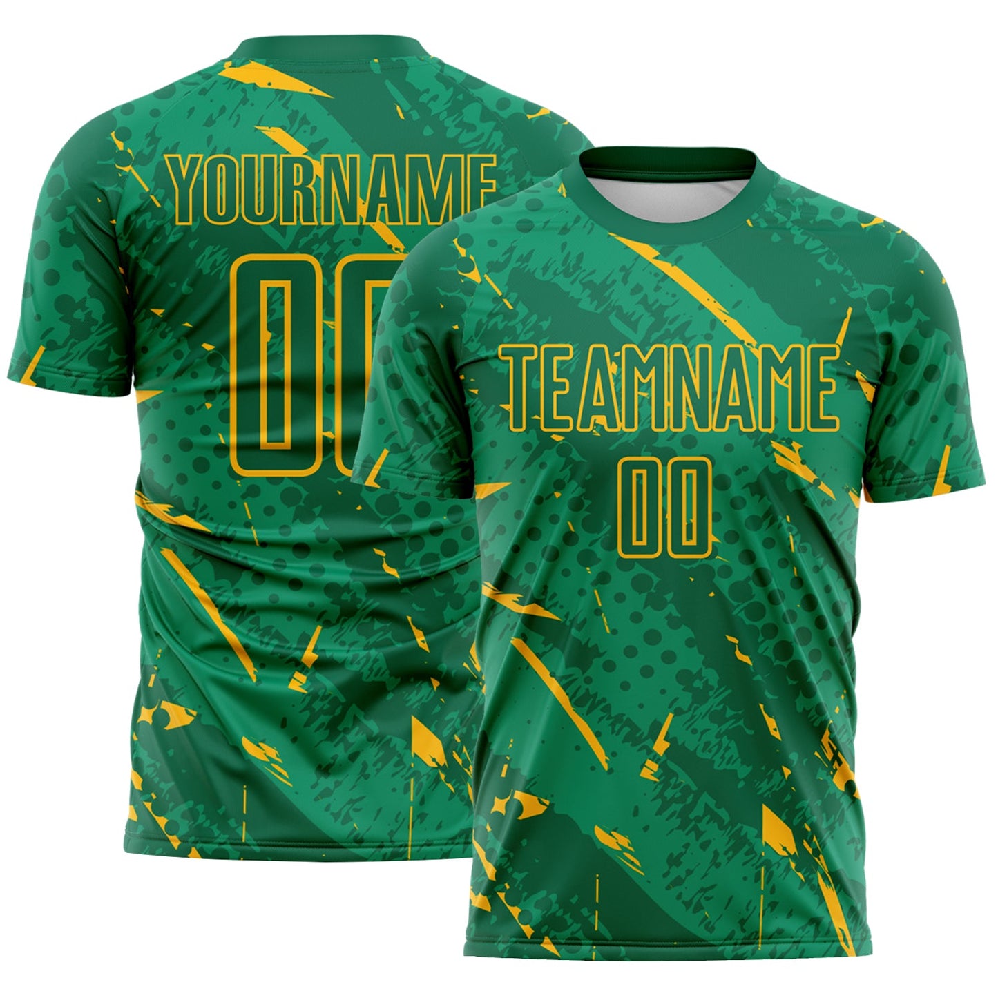 Custom Kelly Green-Gold Brush Stroke Slashes And Dot Grid Sublimation Soccer Uniform Jersey - Main View