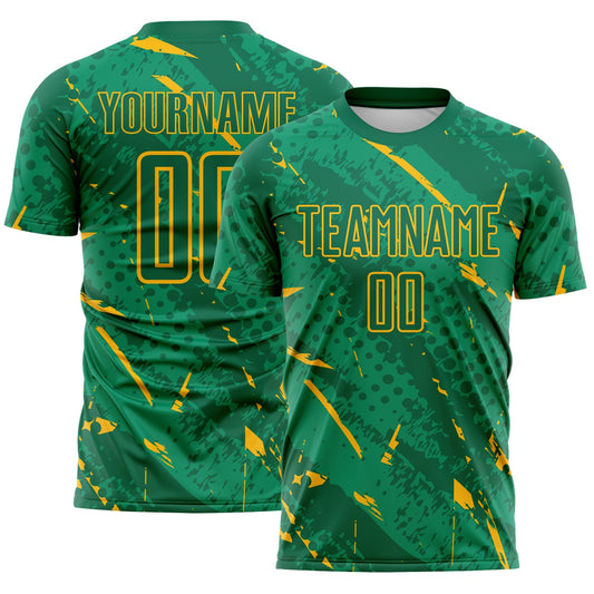 Custom Kelly Green-Gold Brush Stroke Slashes And Dot Grid Sublimation Soccer Uniform Jersey - Main View