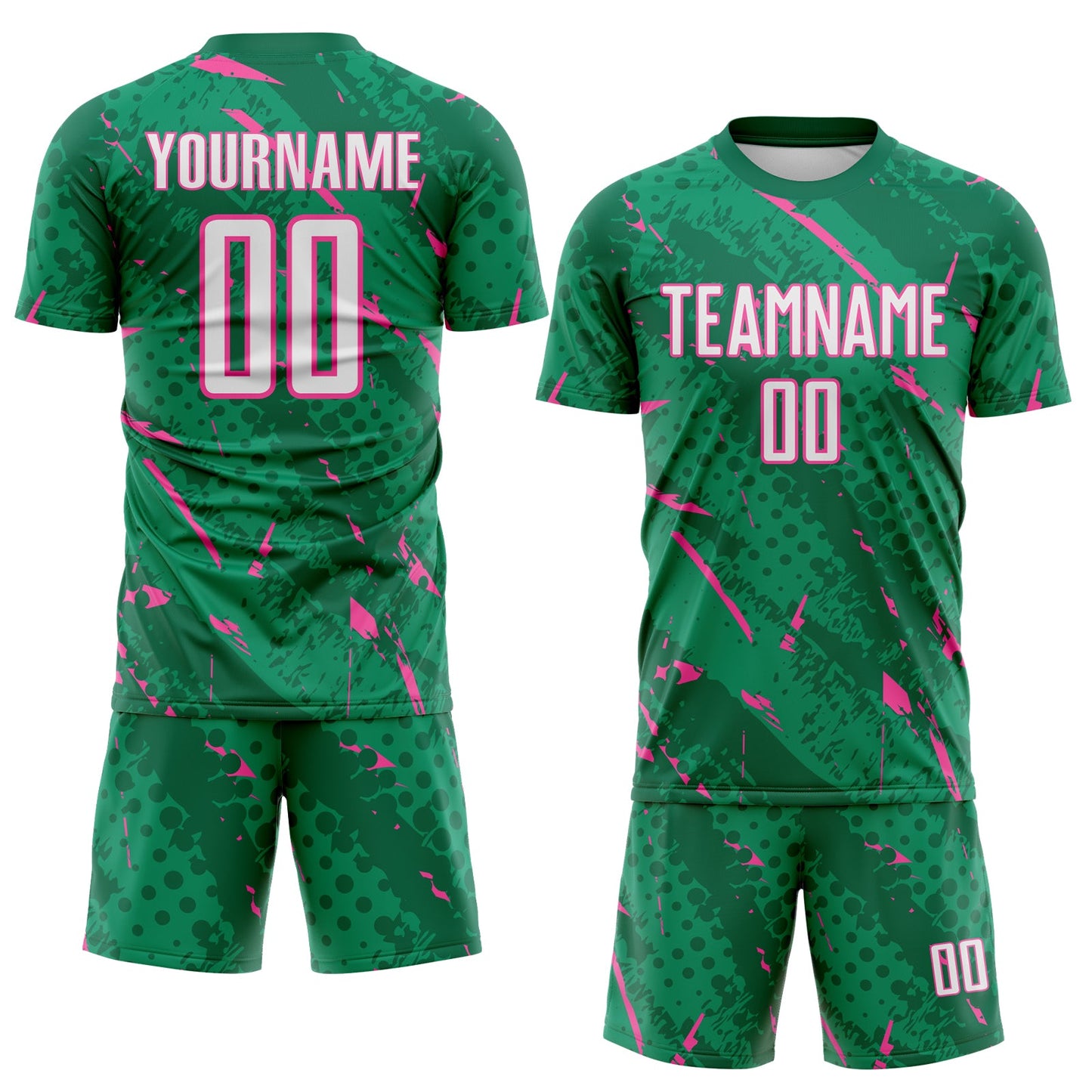 Custom Kelly Green White-Pink Brush Stroke Slashes And Dot Grid Sublimation Soccer Uniform Jersey view 2