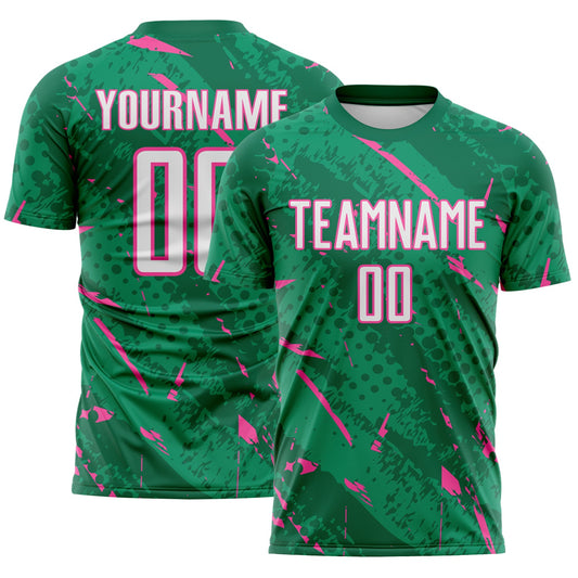 Custom Kelly Green White-Pink Brush Stroke Slashes And Dot Grid Sublimation Soccer Uniform Jersey - Main View