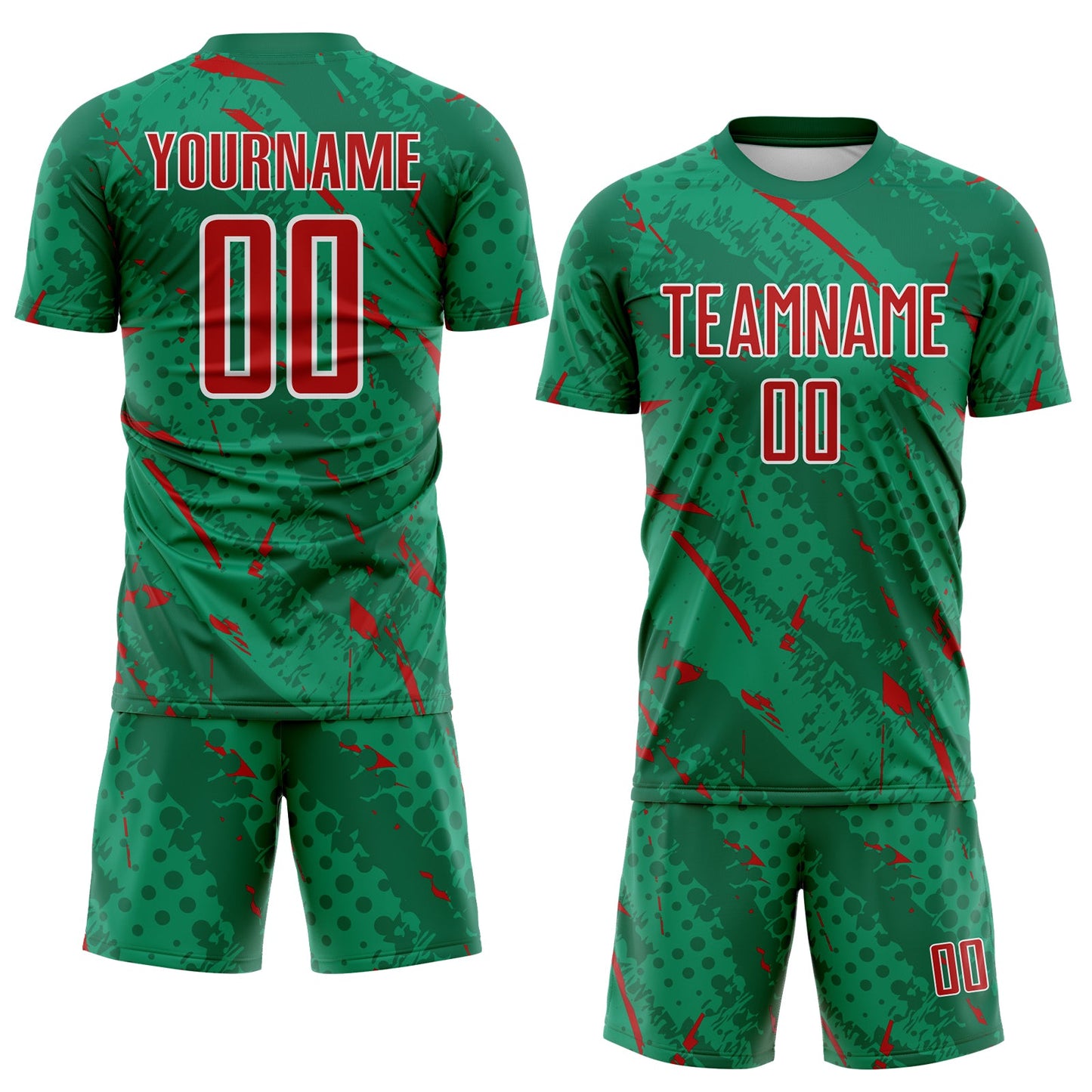 Custom Kelly Green Red-White Brush Stroke Slashes And Dot Grid Sublimation Soccer Uniform Jersey view 2