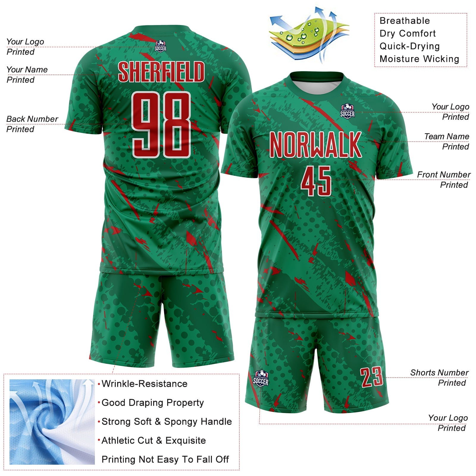Custom Kelly Green Red-White Brush Stroke Slashes And Dot Grid Sublimation Soccer Uniform Jersey view 4