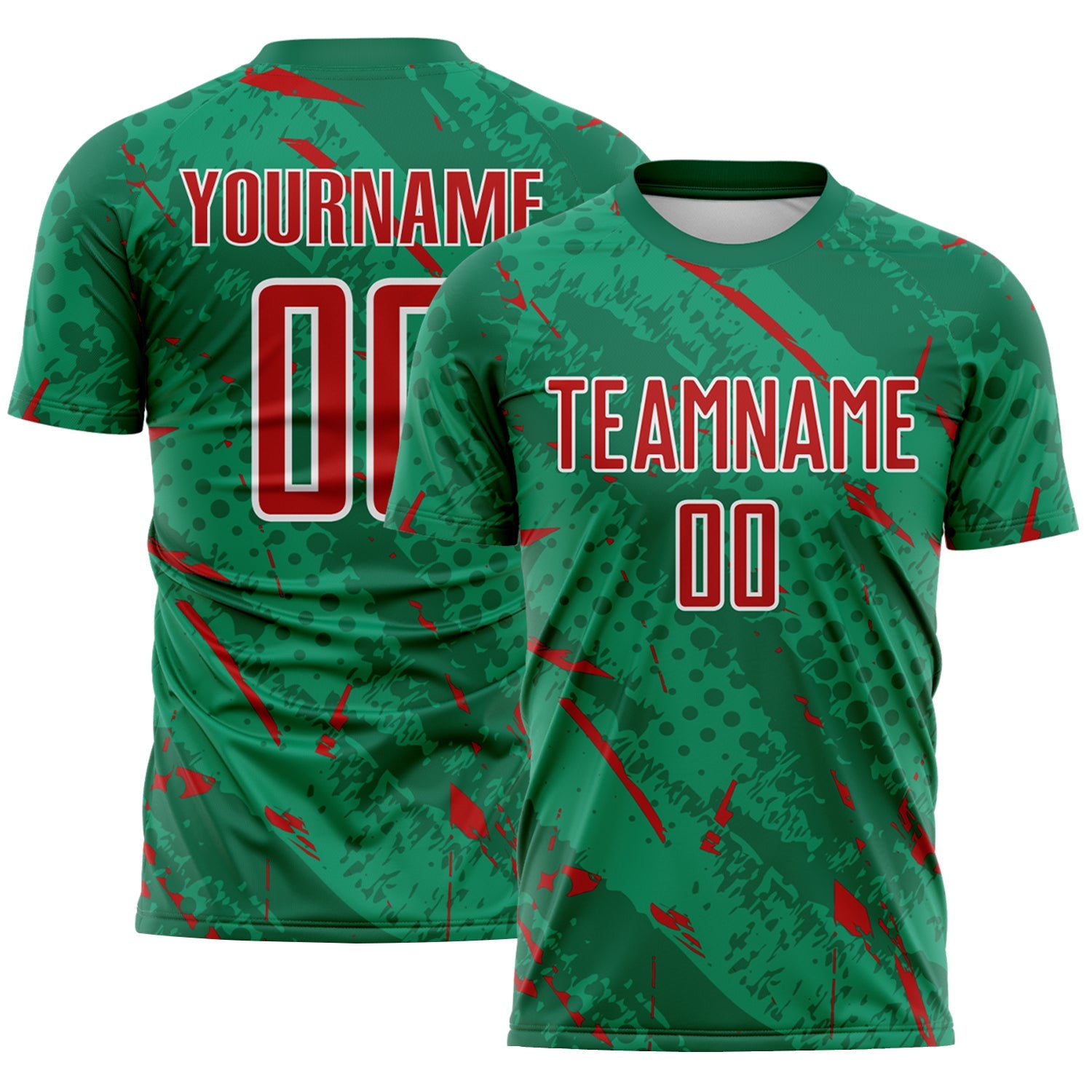 Custom Kelly Green Red-White Brush Stroke Slashes And Dot Grid Sublimation Soccer Uniform Jersey - Main View