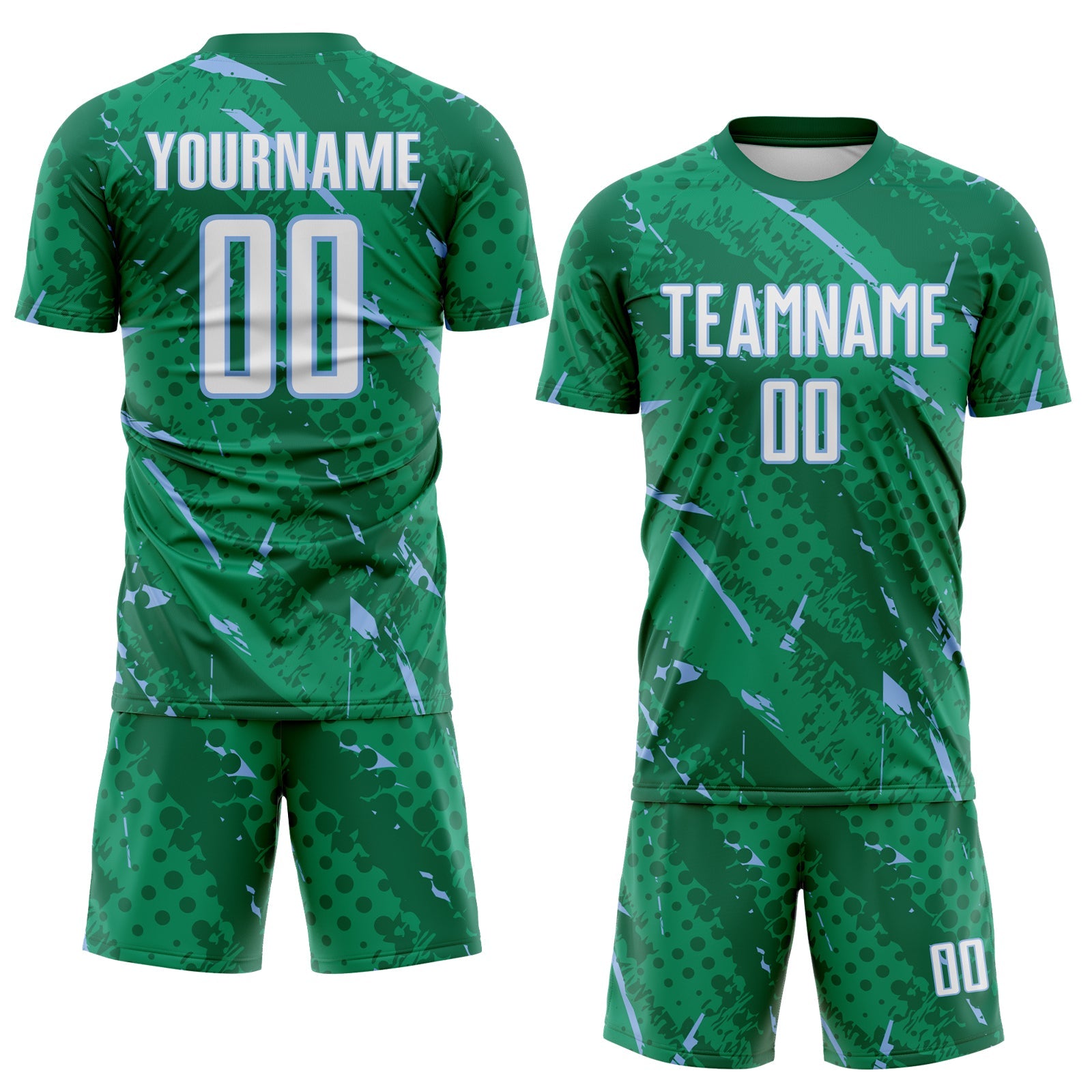 Custom Kelly Green White-Light Blue Brush Stroke Slashes And Dot Grid Sublimation Soccer Uniform Jersey view 2