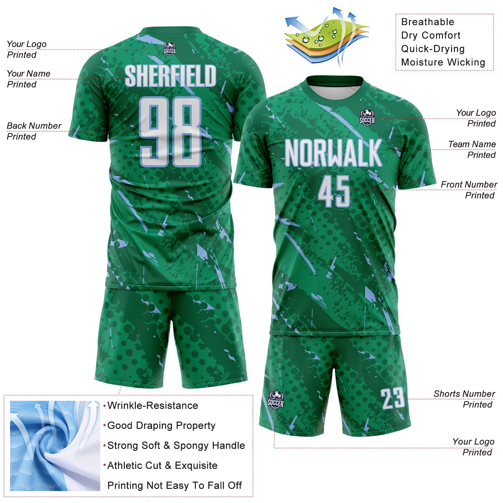 Custom Kelly Green White-Light Blue Brush Stroke Slashes And Dot Grid Sublimation Soccer Uniform Jersey view 4