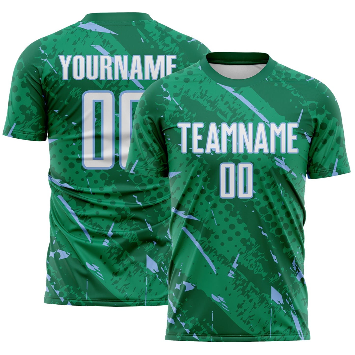 Custom Kelly Green White-Light Blue Brush Stroke Slashes And Dot Grid Sublimation Soccer Uniform Jersey - Main View