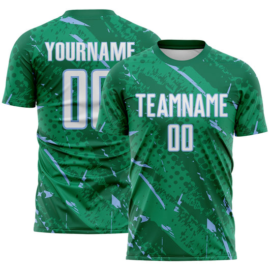 Custom Kelly Green White-Light Blue Brush Stroke Slashes And Dot Grid Sublimation Soccer Uniform Jersey - Main View