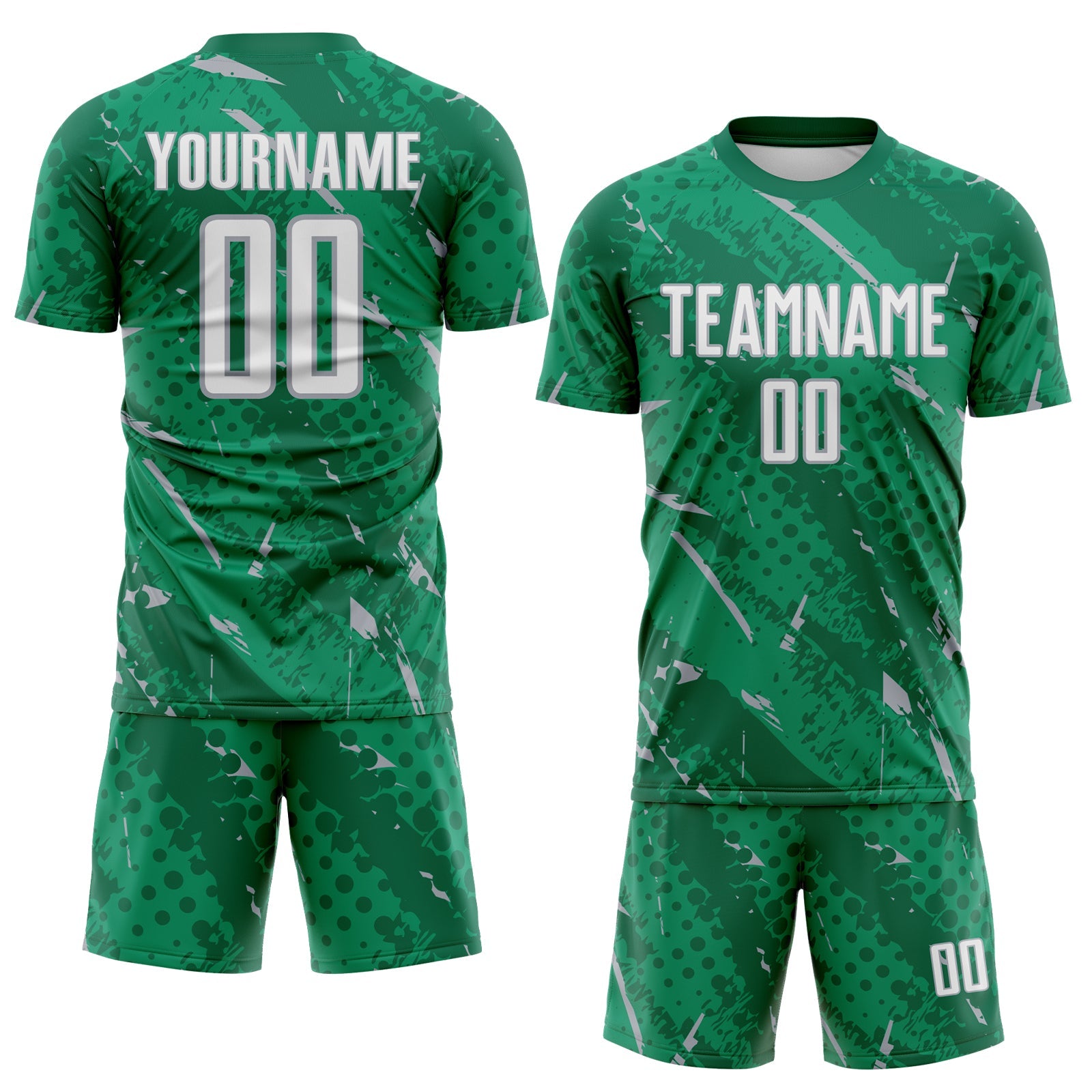 Custom Kelly Green White-Gray Brush Stroke Slashes And Dot Grid Sublimation Soccer Uniform Jersey view 2