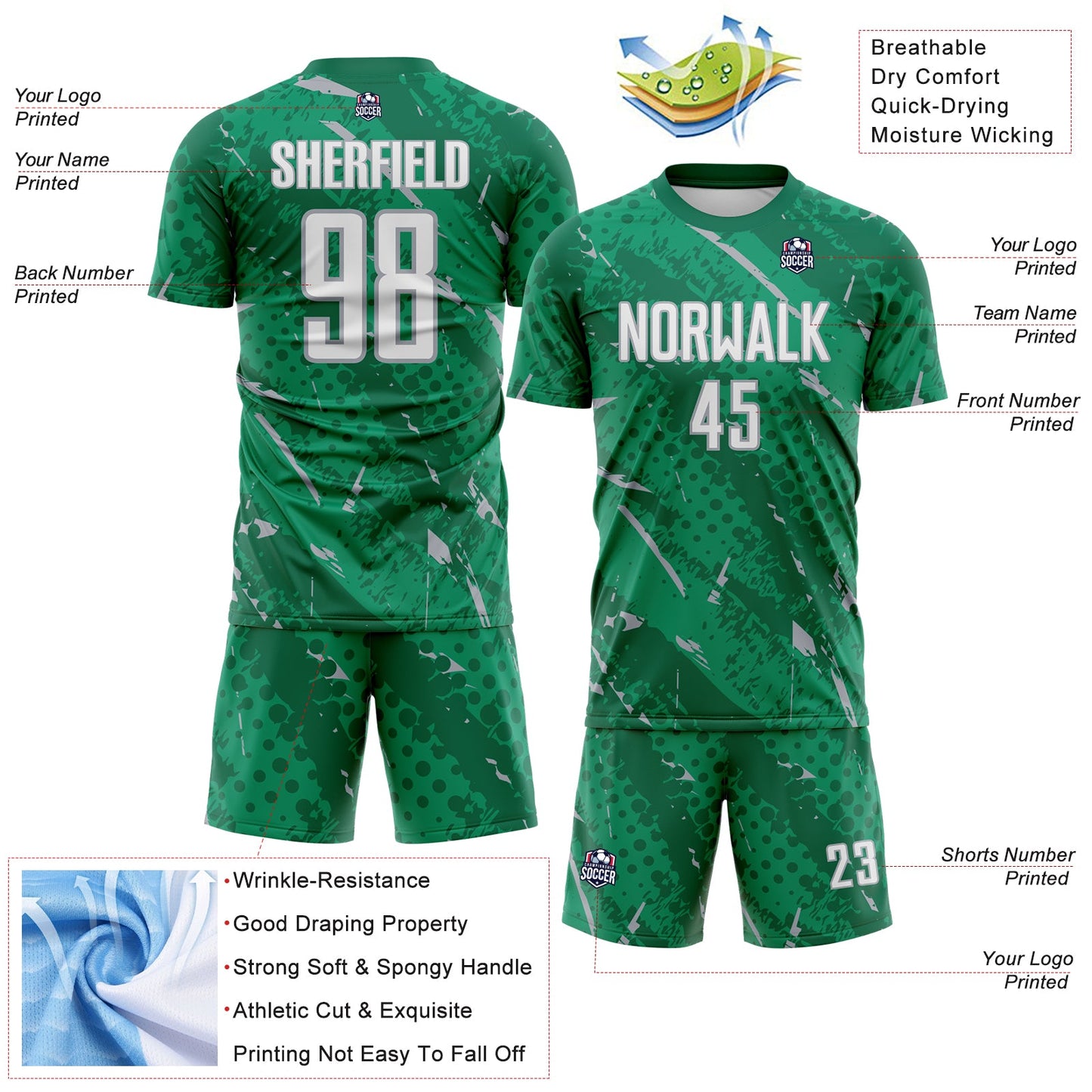Custom Kelly Green White-Gray Brush Stroke Slashes And Dot Grid Sublimation Soccer Uniform Jersey view 4