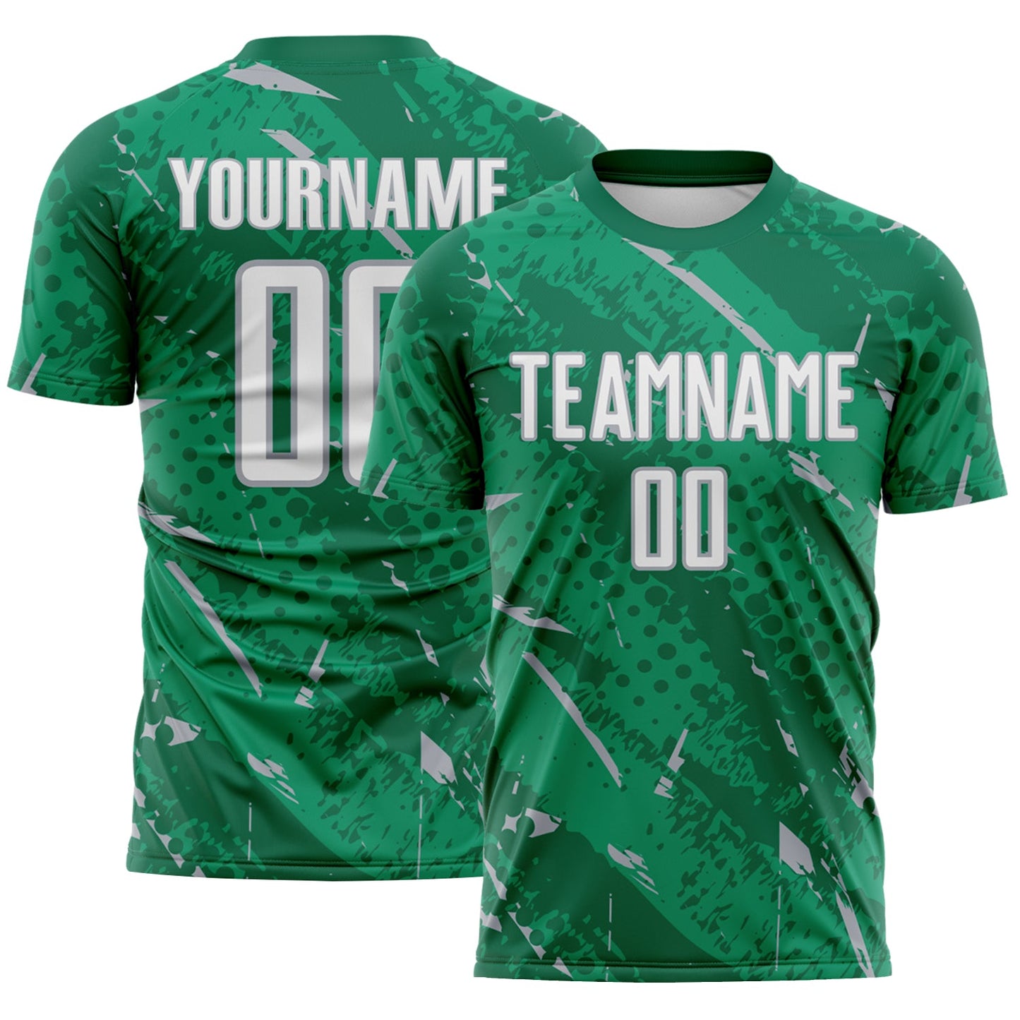 Custom Kelly Green White-Gray Brush Stroke Slashes And Dot Grid Sublimation Soccer Uniform Jersey - Main View
