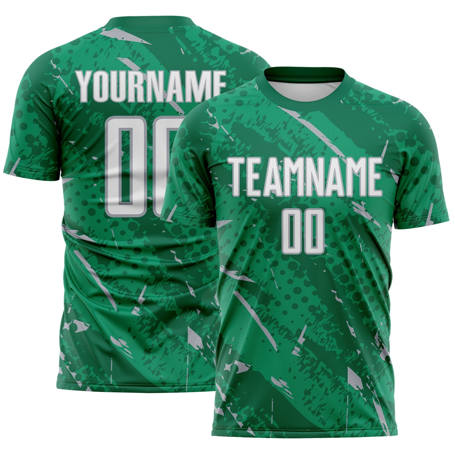 Custom Kelly Green White-Gray Brush Stroke Slashes And Dot Grid Sublimation Soccer Uniform Jersey - Main View